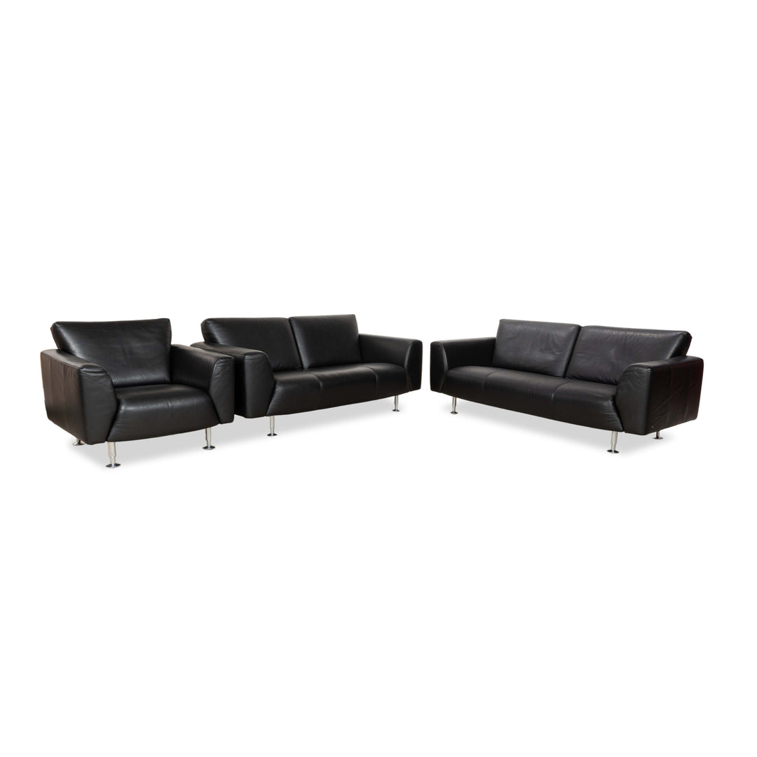 Rolf Benz 250 Leather 1x Two-Seater 1x Three-Seater 1x Armchair Black Sofa Couch