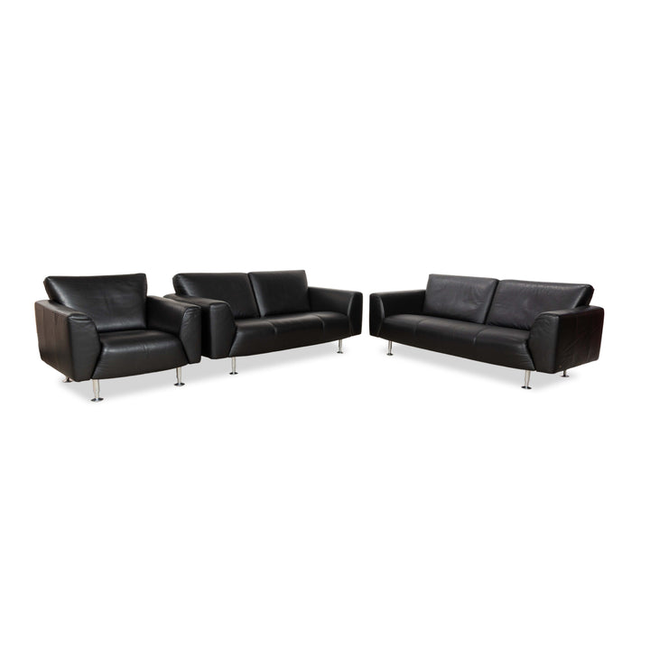 Rolf Benz 250 leder 1x tweezitter 1x driezitter 1x fauteuil zwart bank bankstel
