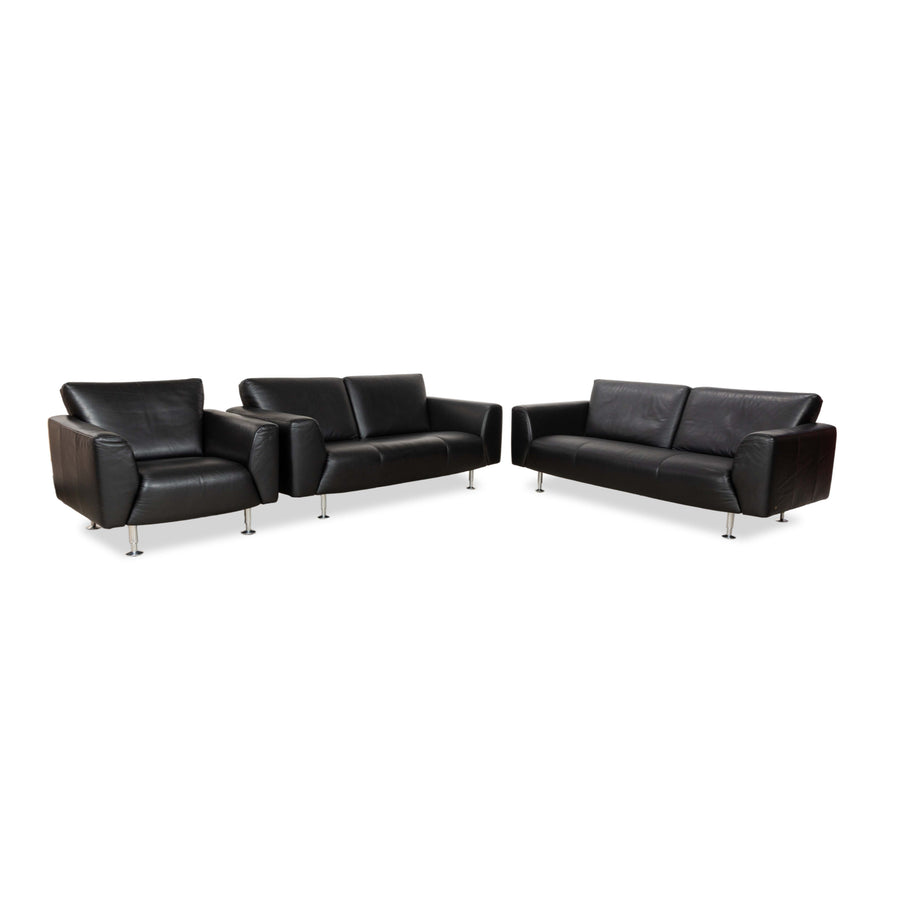 Rolf Benz 250 leder 1x tweezitter 1x driezitter 1x fauteuil zwart bank bankstel