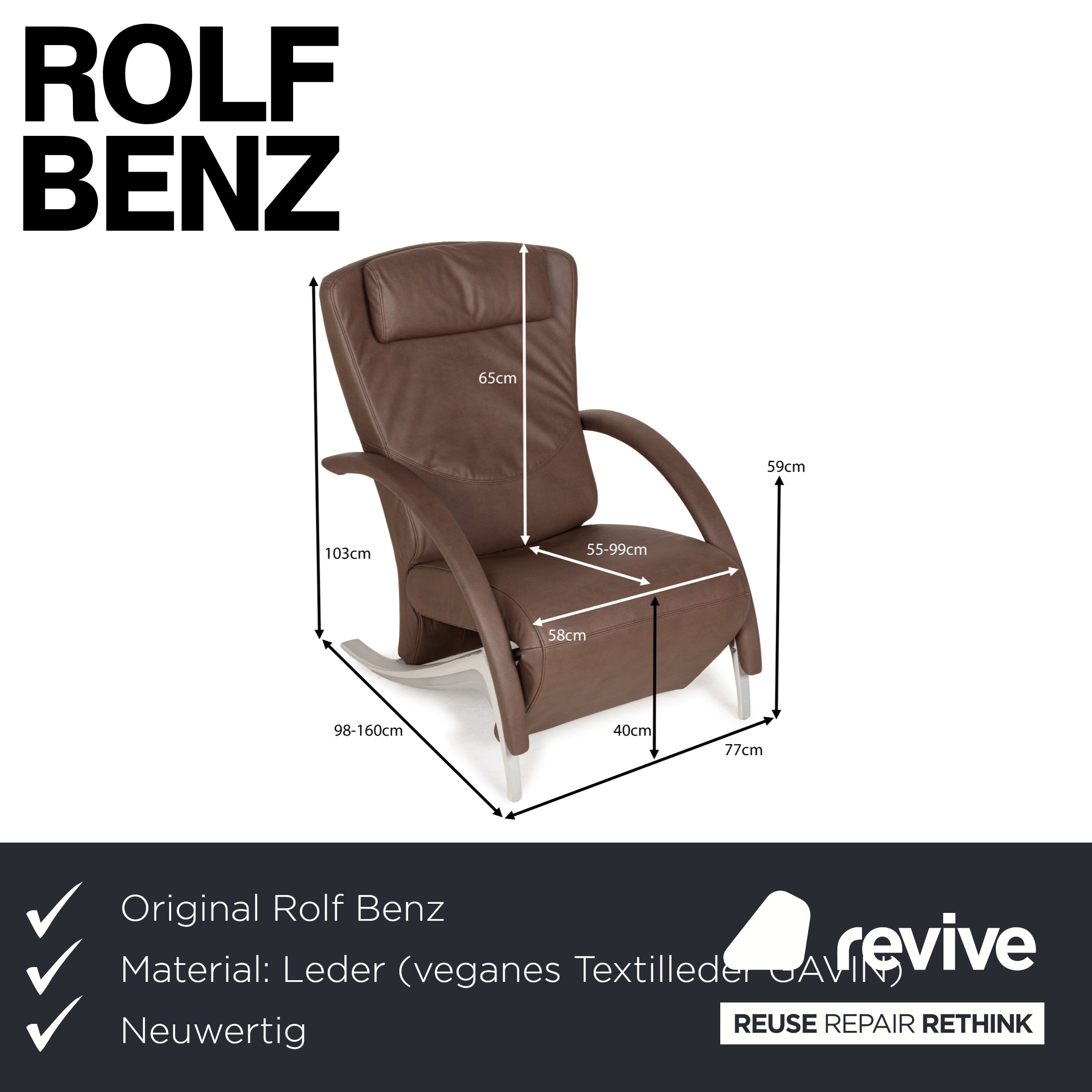 Rolf Benz 3100 Sessel Braun veganes Leder Relaxfunktion Schoko Mokka Schlamm Neubezug
