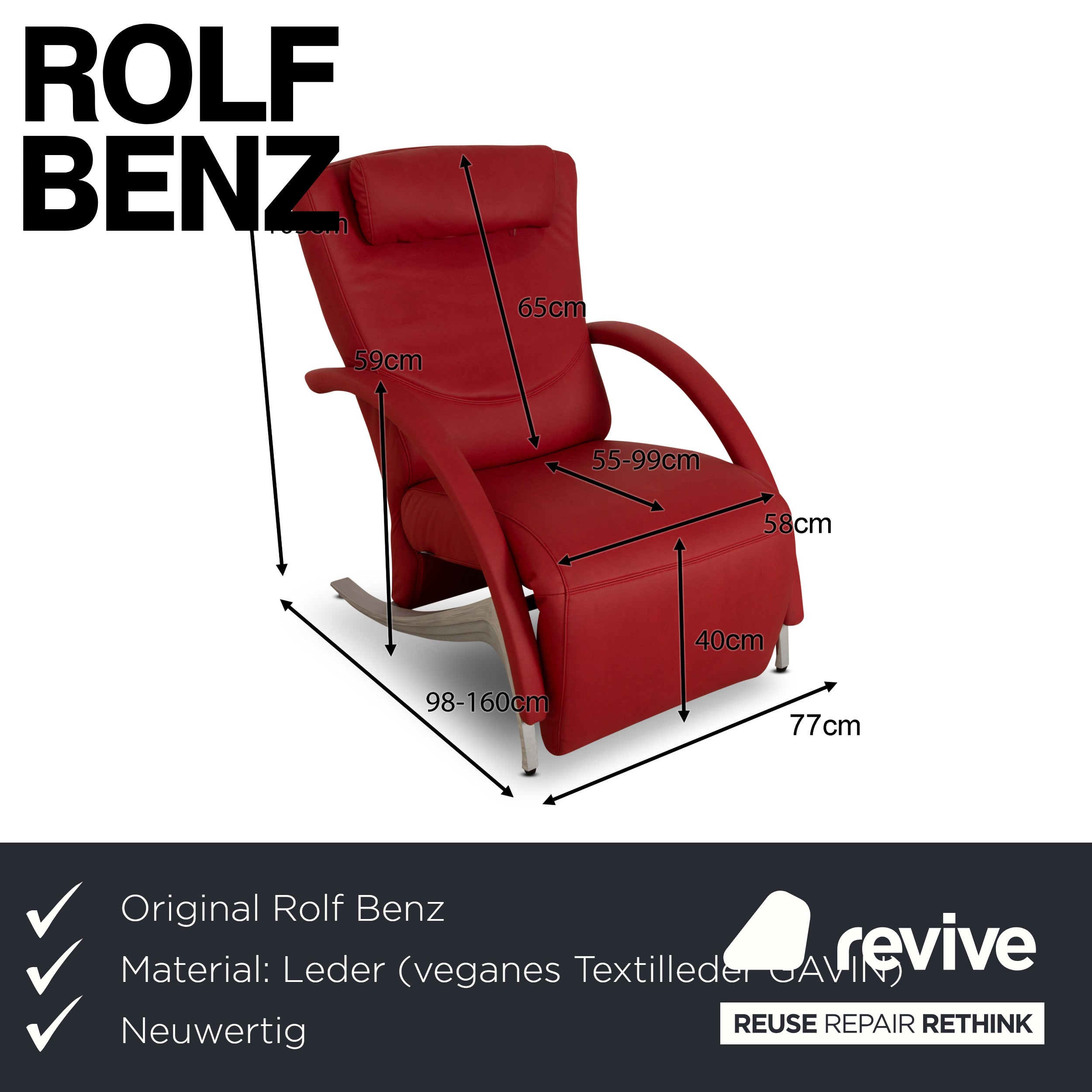 Rolf Benz 3100 armchair red vegan leather relaxation function new cover