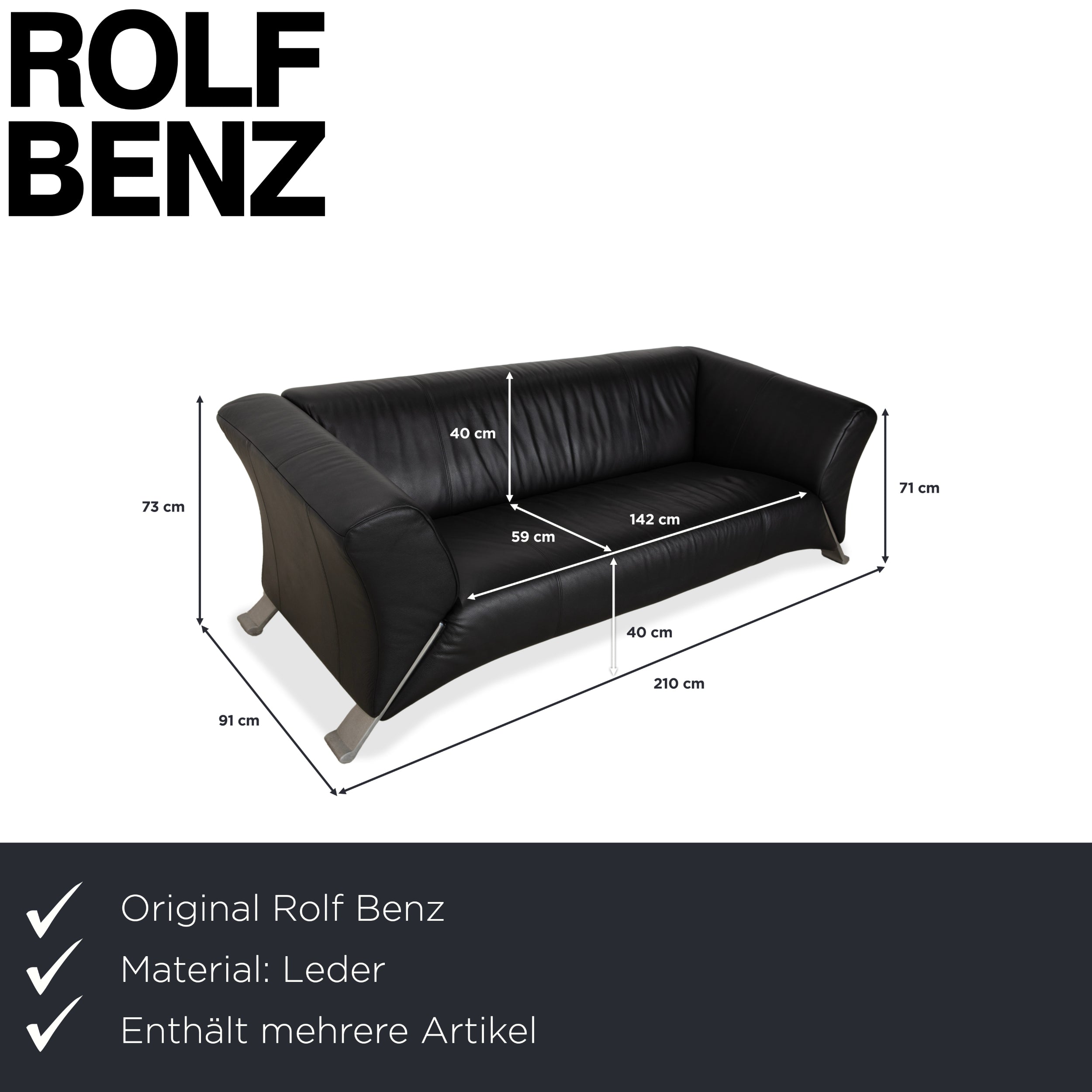 Rolf Benz 322 Leder 2x Dreisitzer Schwarz Sofa Couch