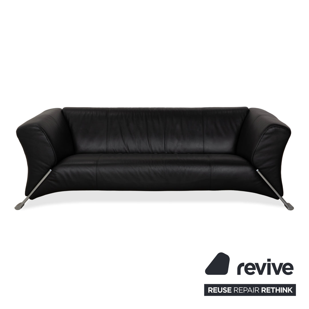Rolf Benz 322 Leather 2x Three-Seater Armchairs Ottomans Black Sofa Couch