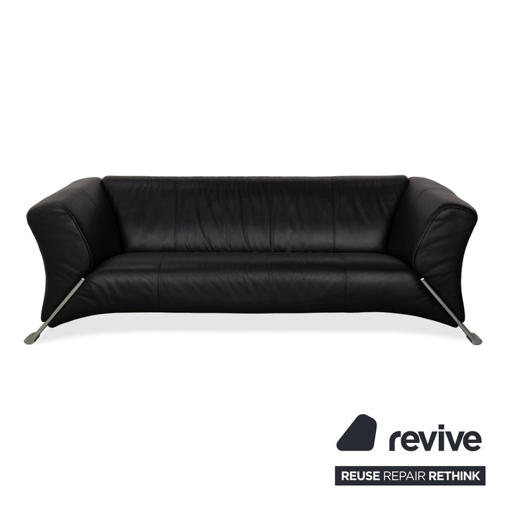 Rolf Benz 322 Leather 2x Three-Seater Armchairs Ottomans Black Sofa Couch