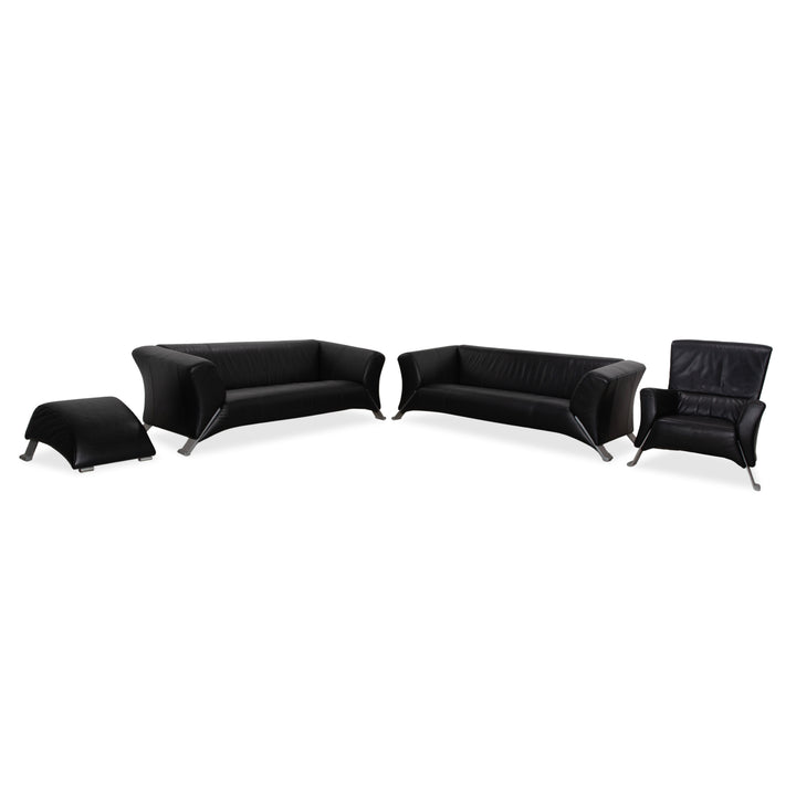 Rolf Benz 322 Leather 2x Three-Seater Armchairs Ottomans Black Sofa Couch