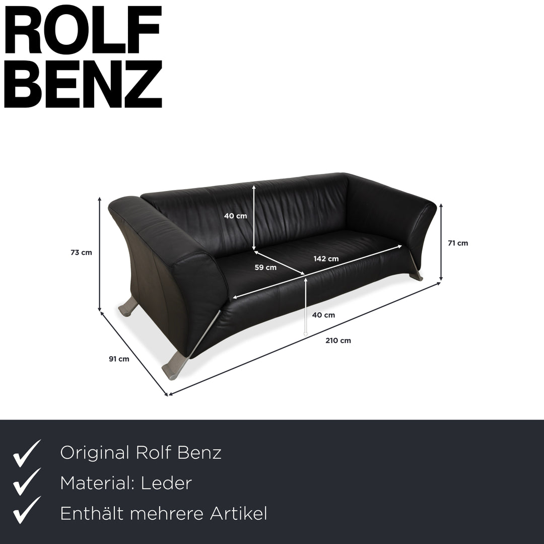 Rolf Benz 322 Leather 2x Three-Seater Armchairs Ottomans Black Sofa Couch