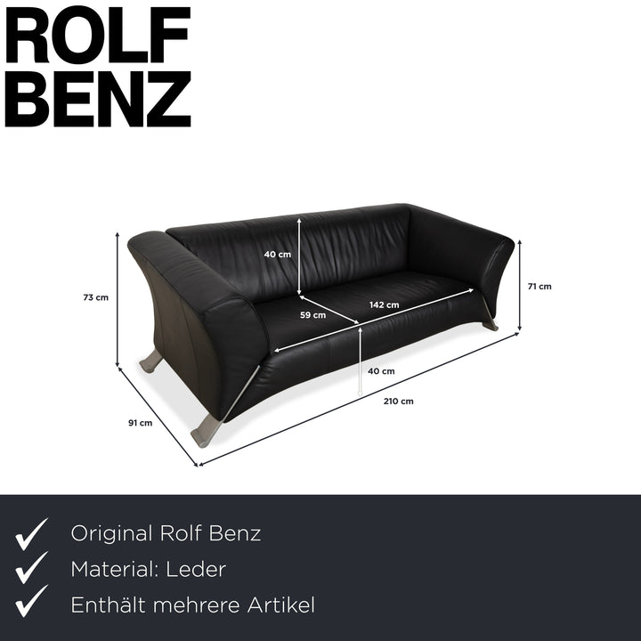 Rolf Benz 322 Leather 2x Three-Seater Armchairs Ottomans Black Sofa Couch