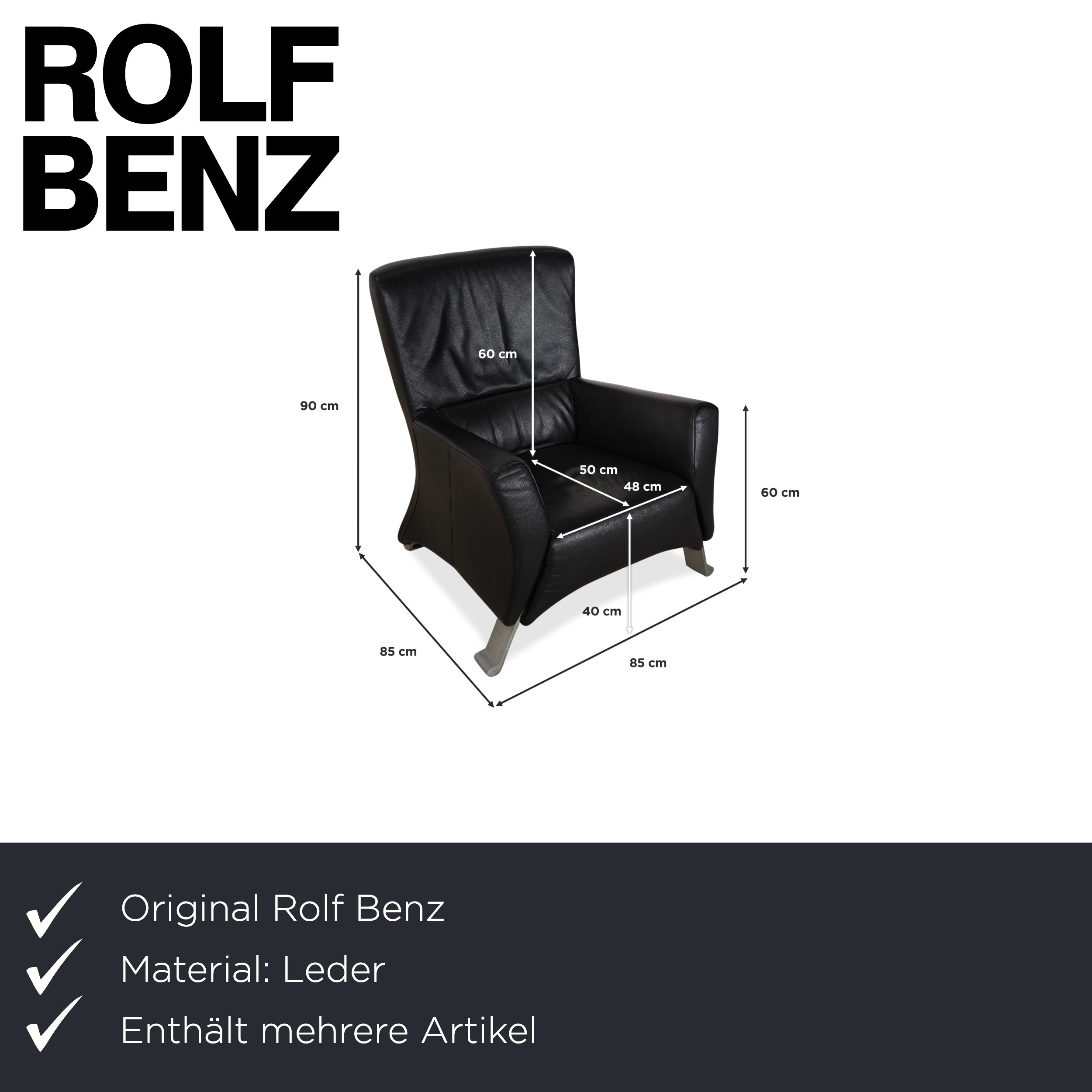 Rolf Benz 322 Leder 2x Dreisitzer Sessel Hocker Schwarz Sofa Couch