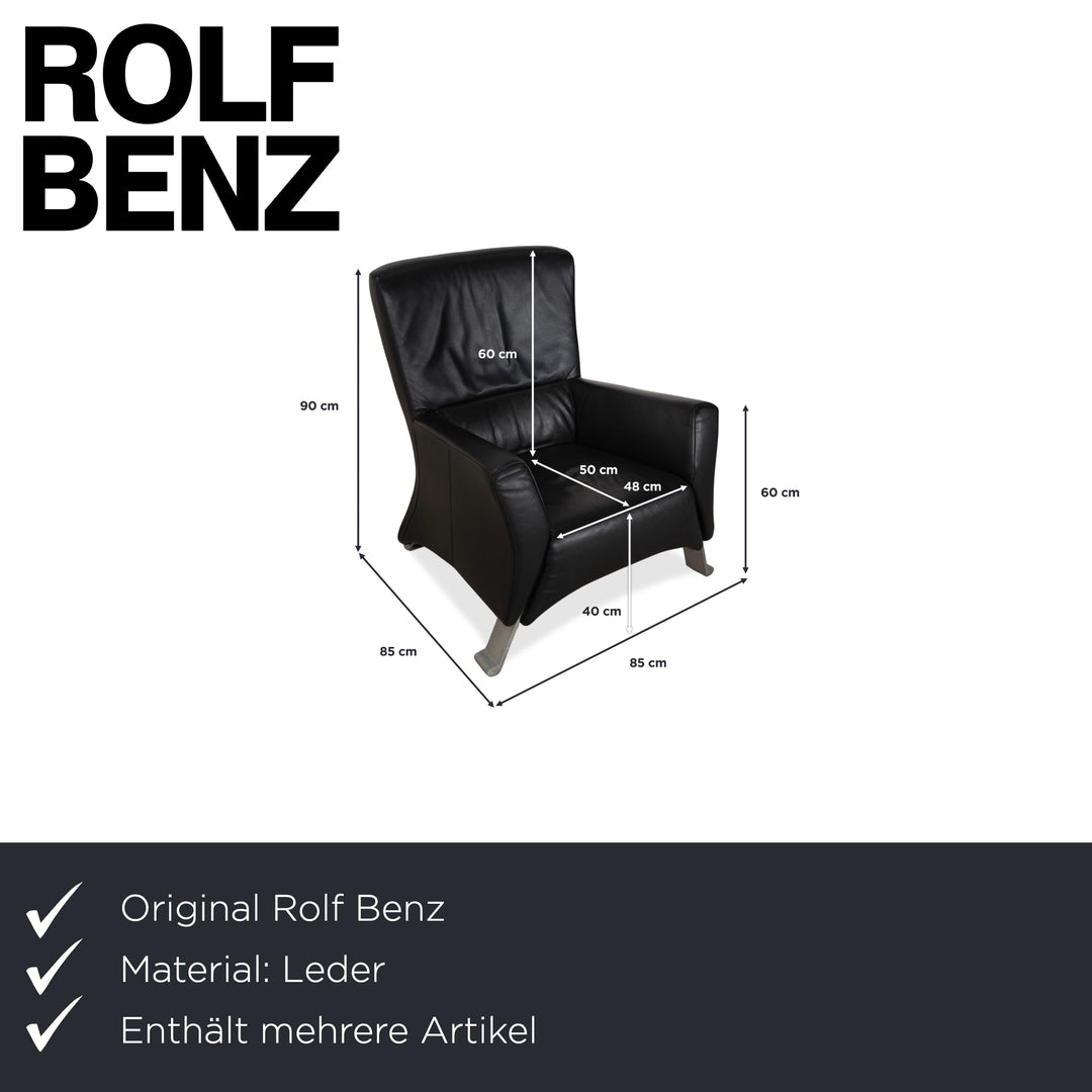 Rolf Benz 322 Leather 2x Three-Seater Armchairs Ottomans Black Sofa Couch