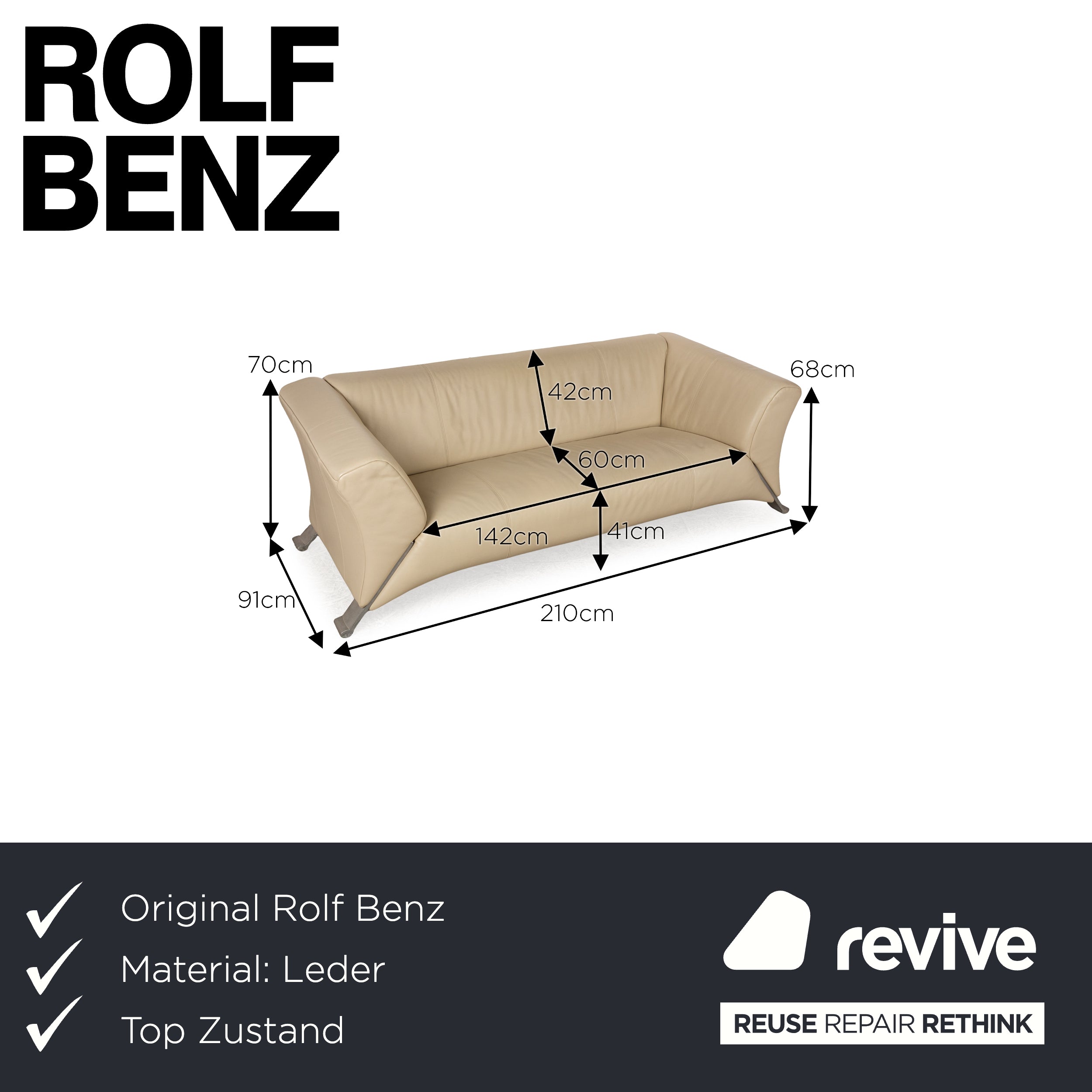 Rolf Benz 322 Leder Dreisitzer Beige Sofa Couch