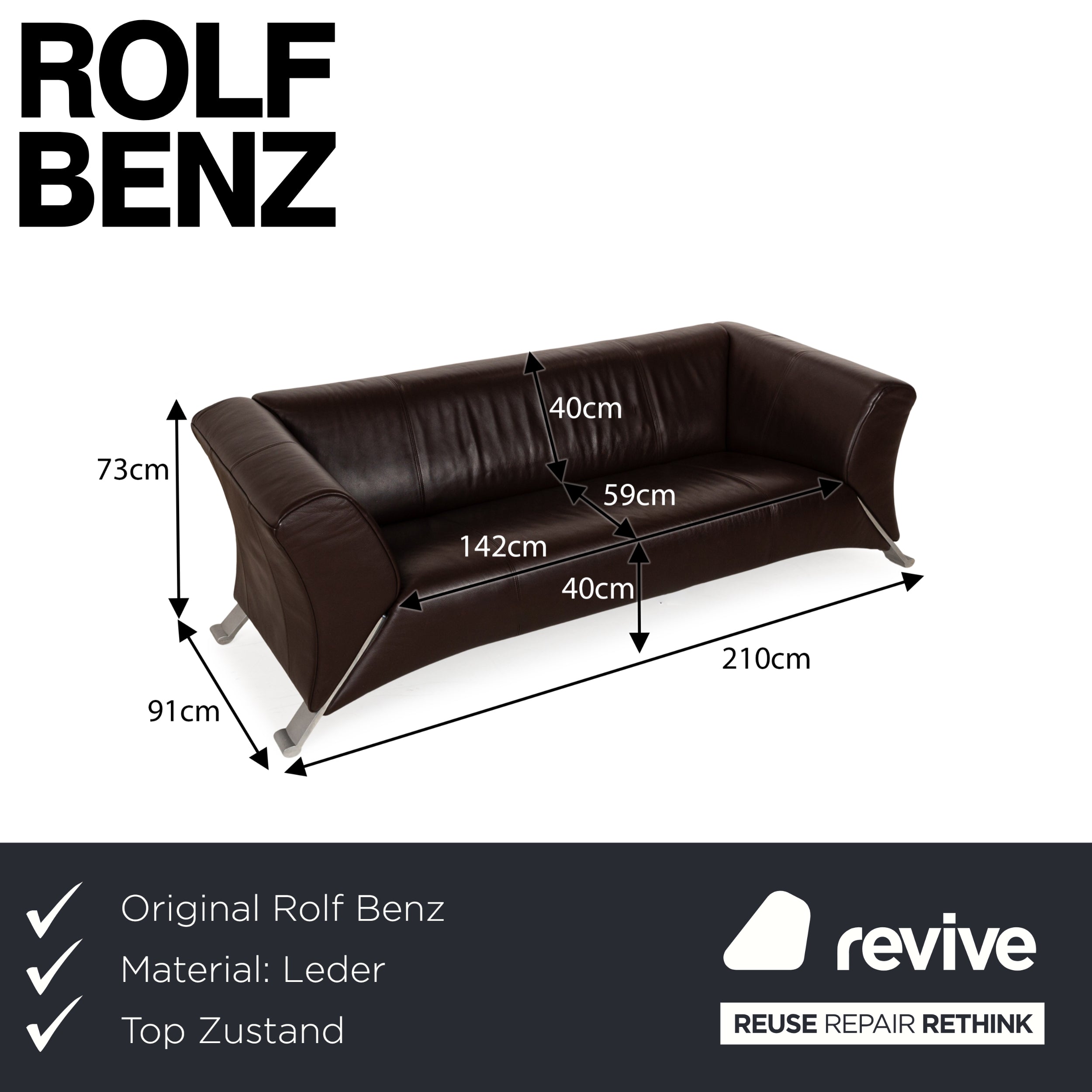 Rolf Benz 322 Leder Dreisitzer Braun Sofa Couch