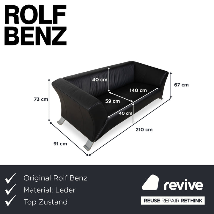 Rolf Benz 322 Leder Dreisitzer Schwarz Sofa Couch