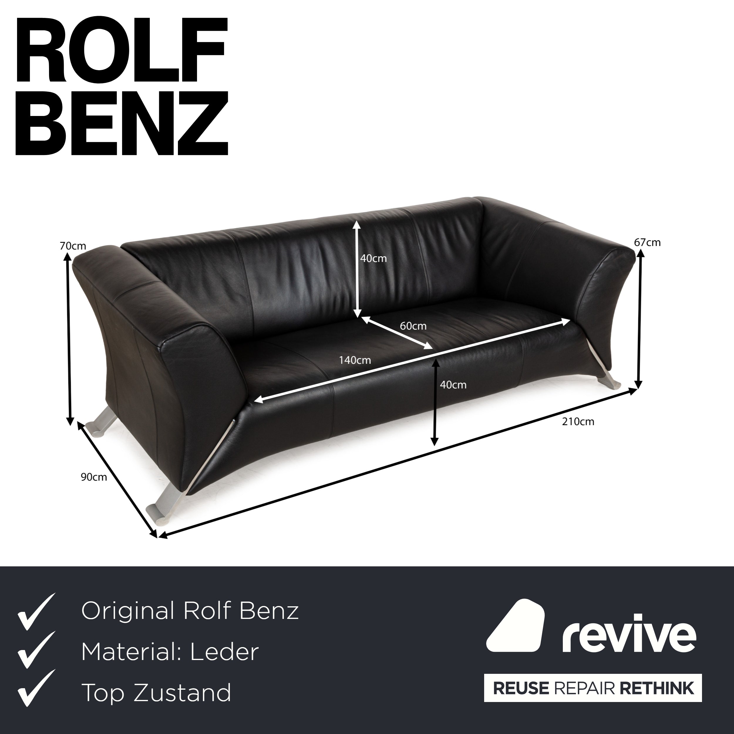 Rolf Benz 322 Leder Dreisitzer Schwarz Sofa Couch