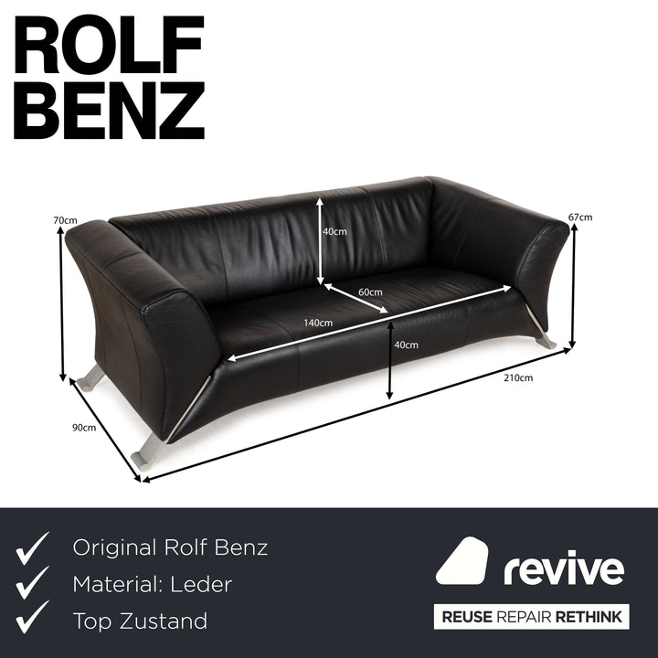 Canapé trois places en cuir noir Rolf Benz 322