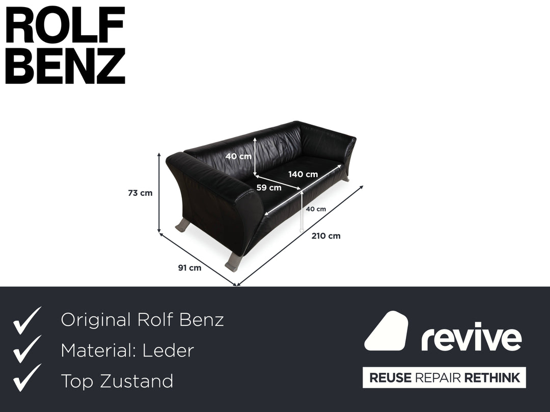 Canapé trois places en cuir noir Rolf Benz 322