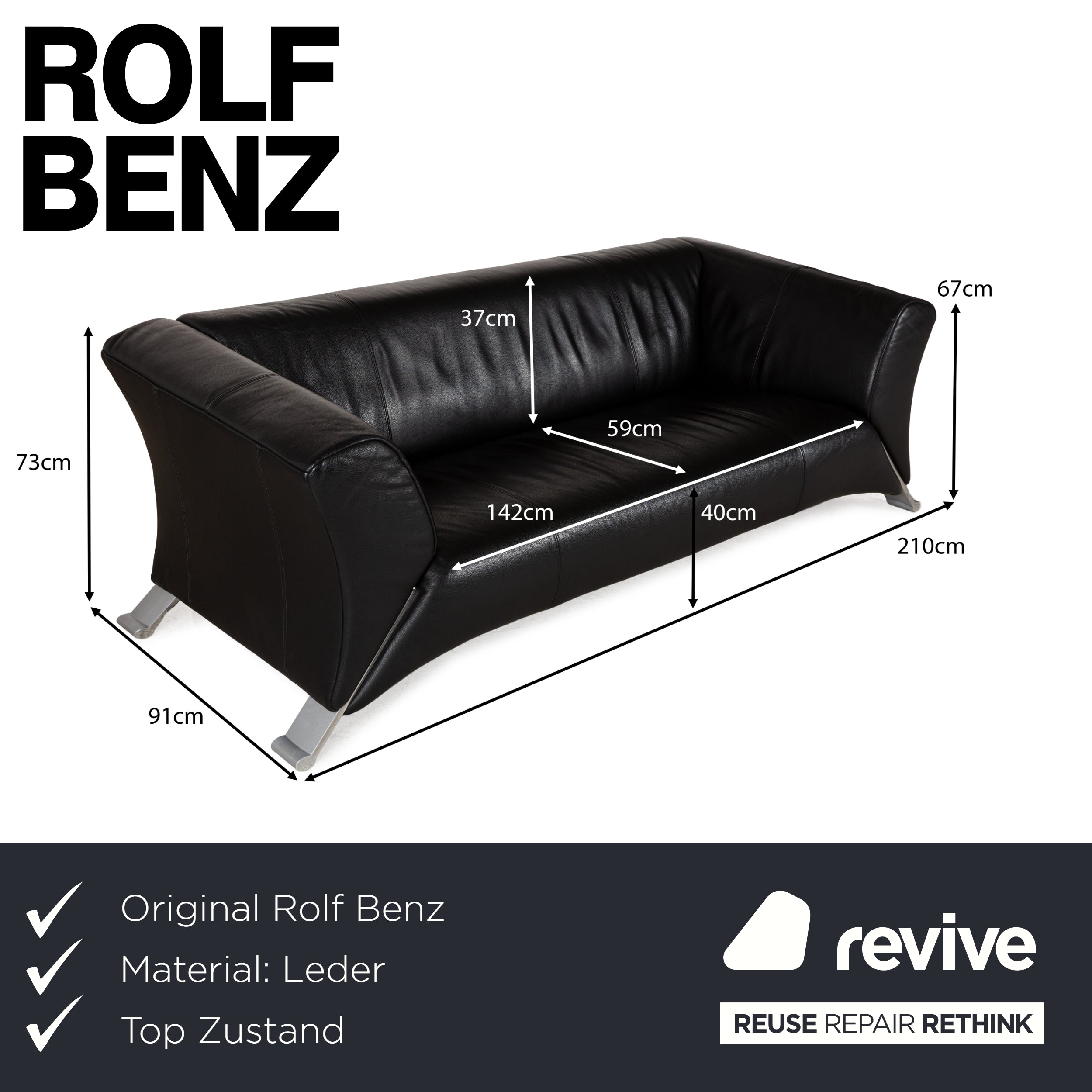 Canapé trois places en cuir noir Rolf Benz 322