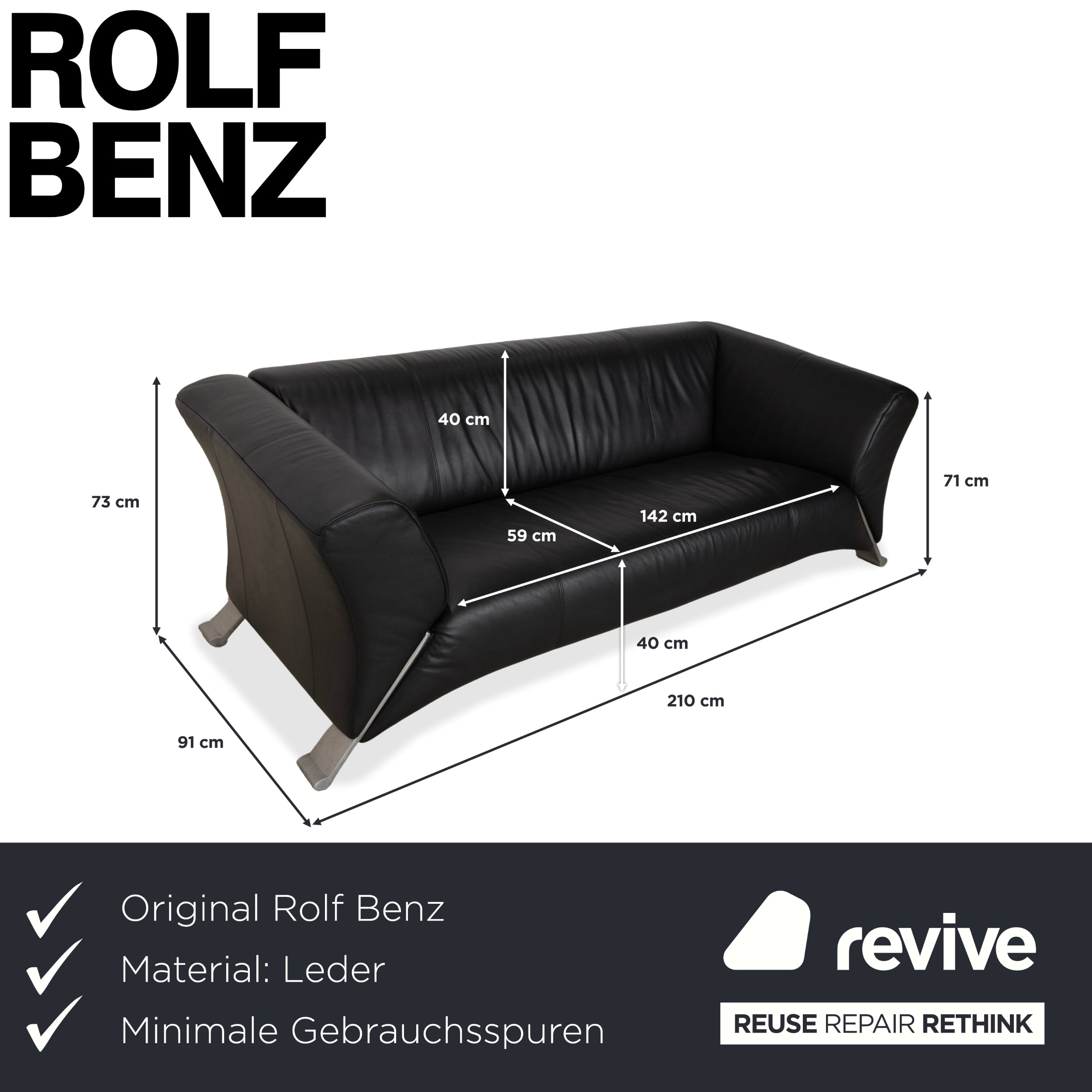 Rolf Benz 322 Leder Dreisitzer Schwarz Sofa Couch