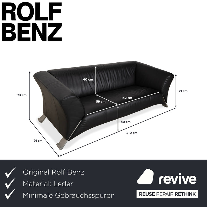 Rolf Benz 322 Leather Three-Seater Black Sofa Couch