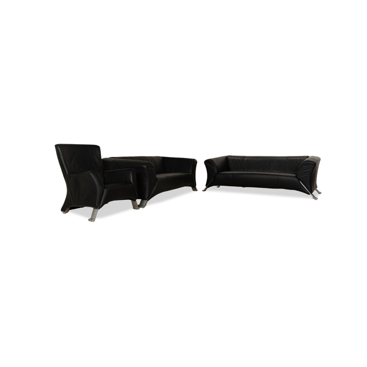 Rolf Benz 322 Leather Three-Seater + Two-Seater Sofa Couch + Armchair Black Anthracite