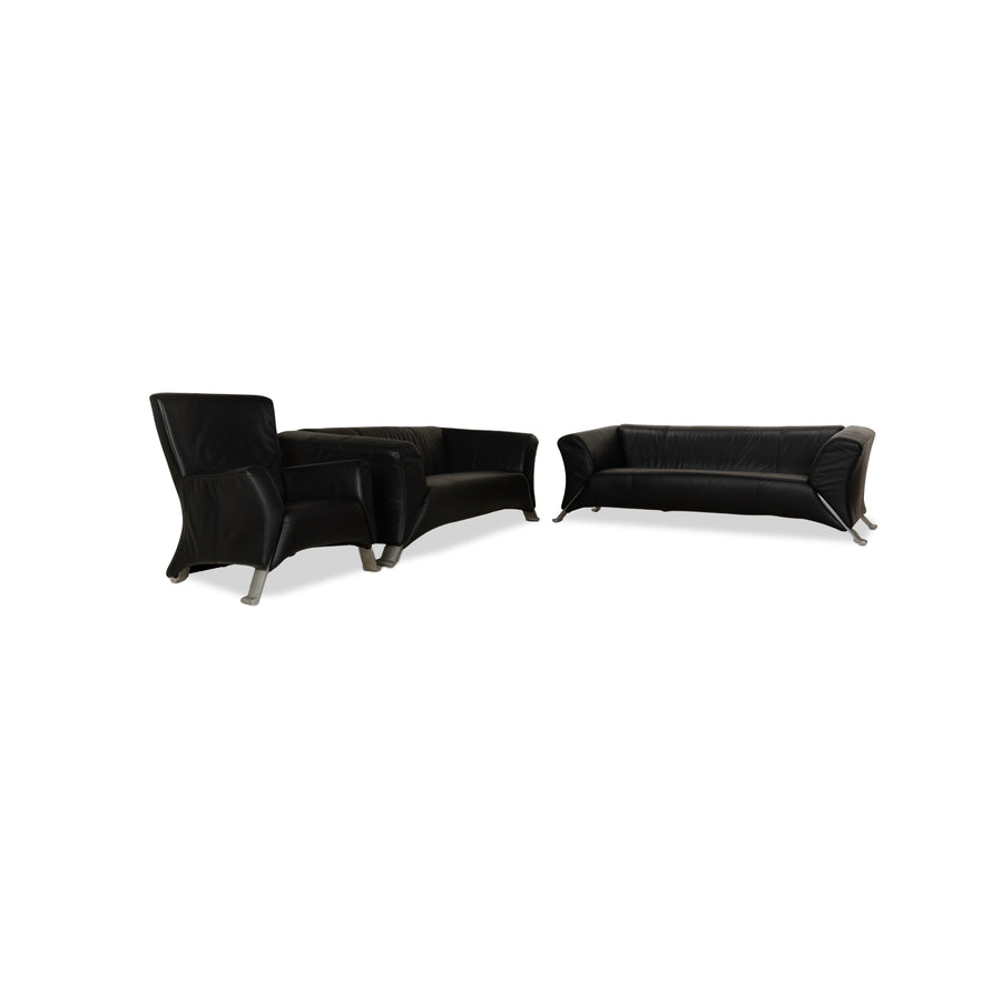 Rolf Benz 322 Leather Three-Seater + Two-Seater Sofa Couch + Armchair Black Anthracite