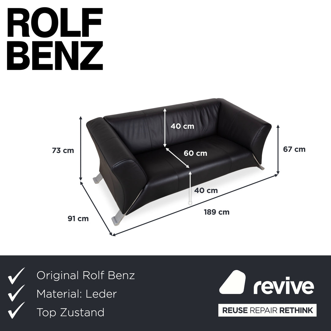 Canapé deux places Rolf Benz 322 en cuir noir et métal