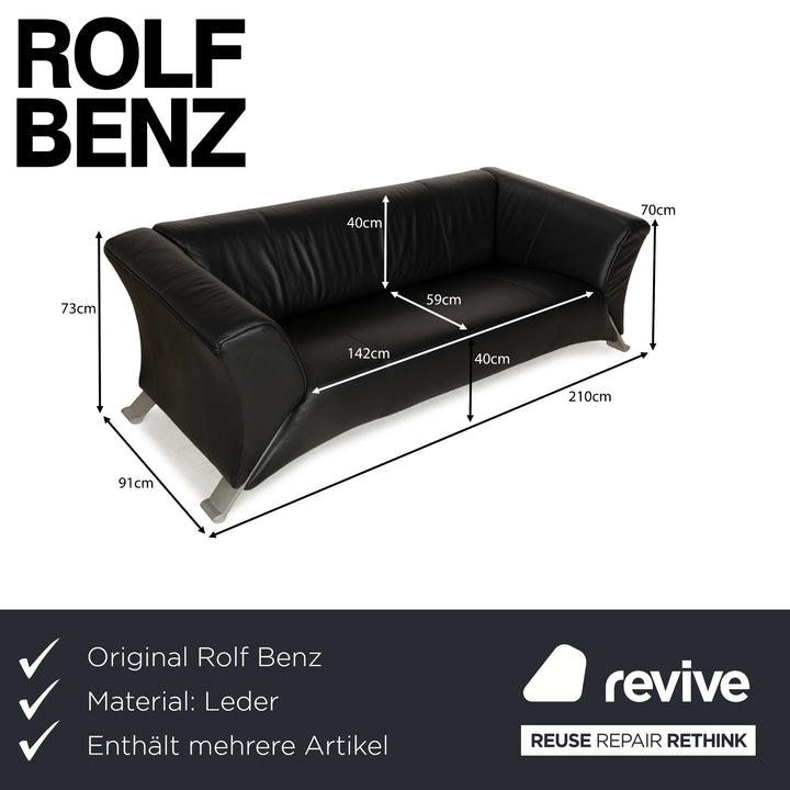 Rolf Benz 322 Leather Sofa Set Black Anthracite Couch Three-Seater Two-Seater Armchair