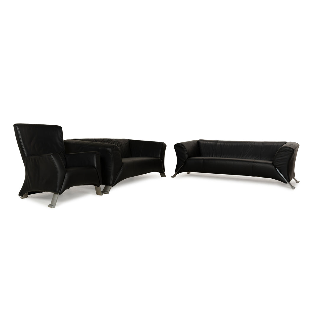Rolf Benz 322 Leather Sofa Set Black Anthracite Couch Three-Seater Two-Seater Armchair