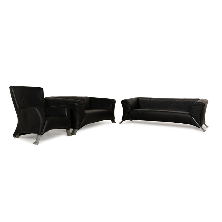 Rolf Benz 322 Leather Sofa Set Black Anthracite Couch Three-Seater Two-Seater Armchair