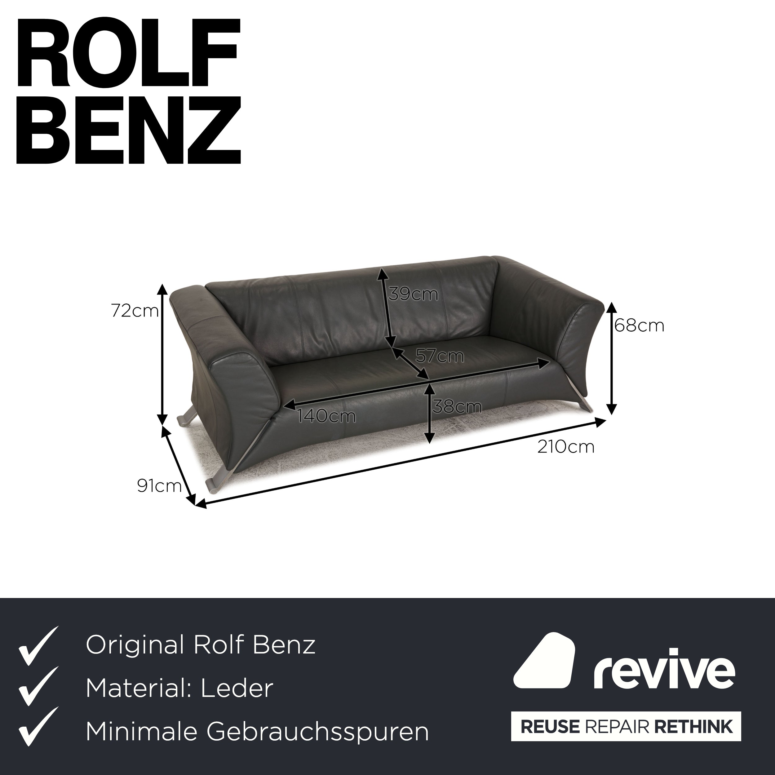 Rolf Benz 322 Leder Sofa Grau Dreisitzer Couch