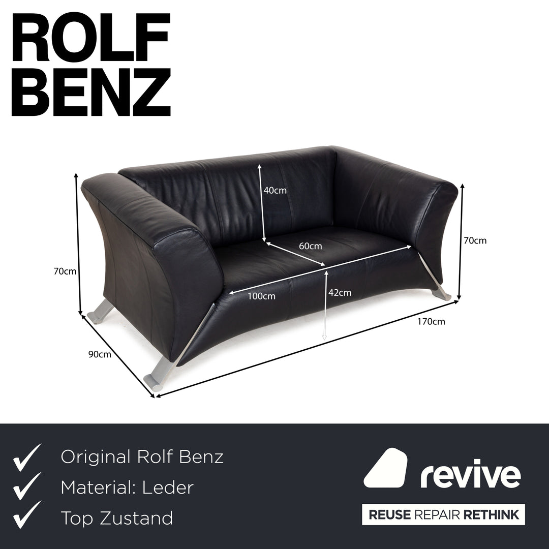 Rolf Benz 322 Leather Two-Seater Blue Blue-Black Sofa Couch