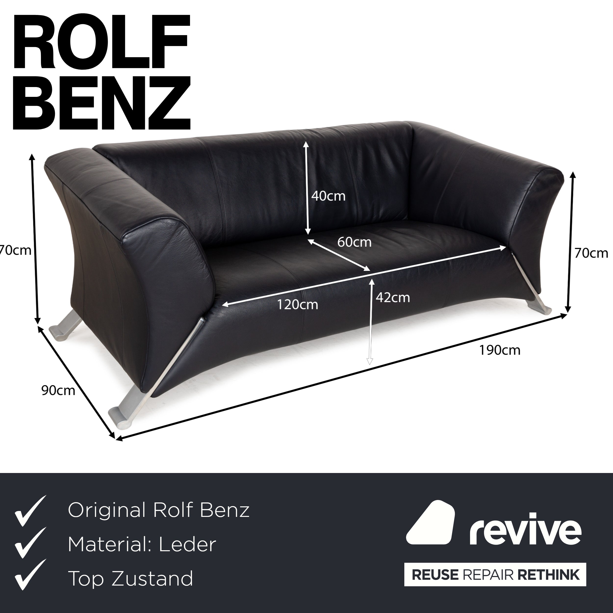 Rolf Benz 322 Leder Zweisitzer Blau Blauschwarz Sofa Couch