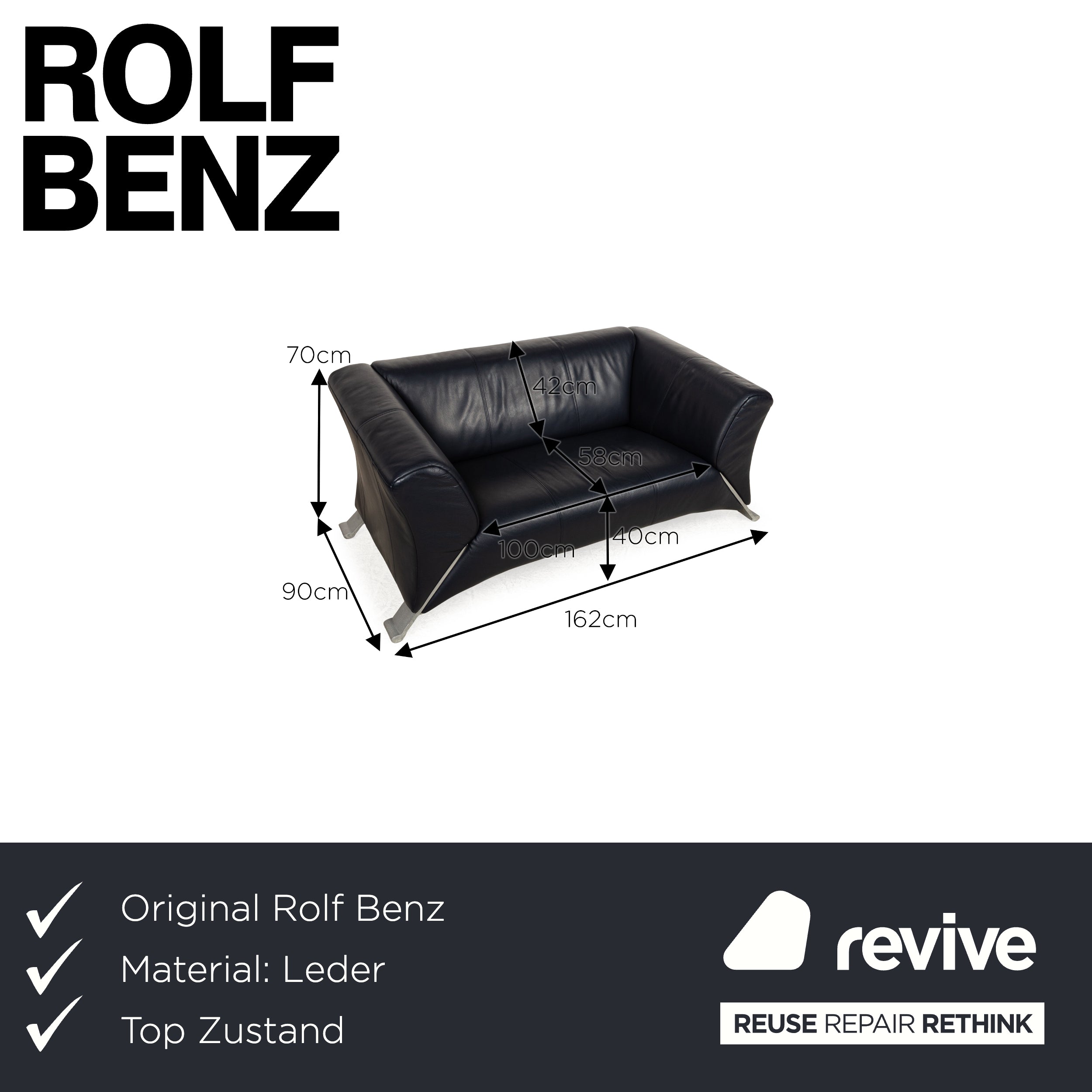 Rolf Benz 322 Leder Zweisitzer Blau Dunkelblau Sofa Couch