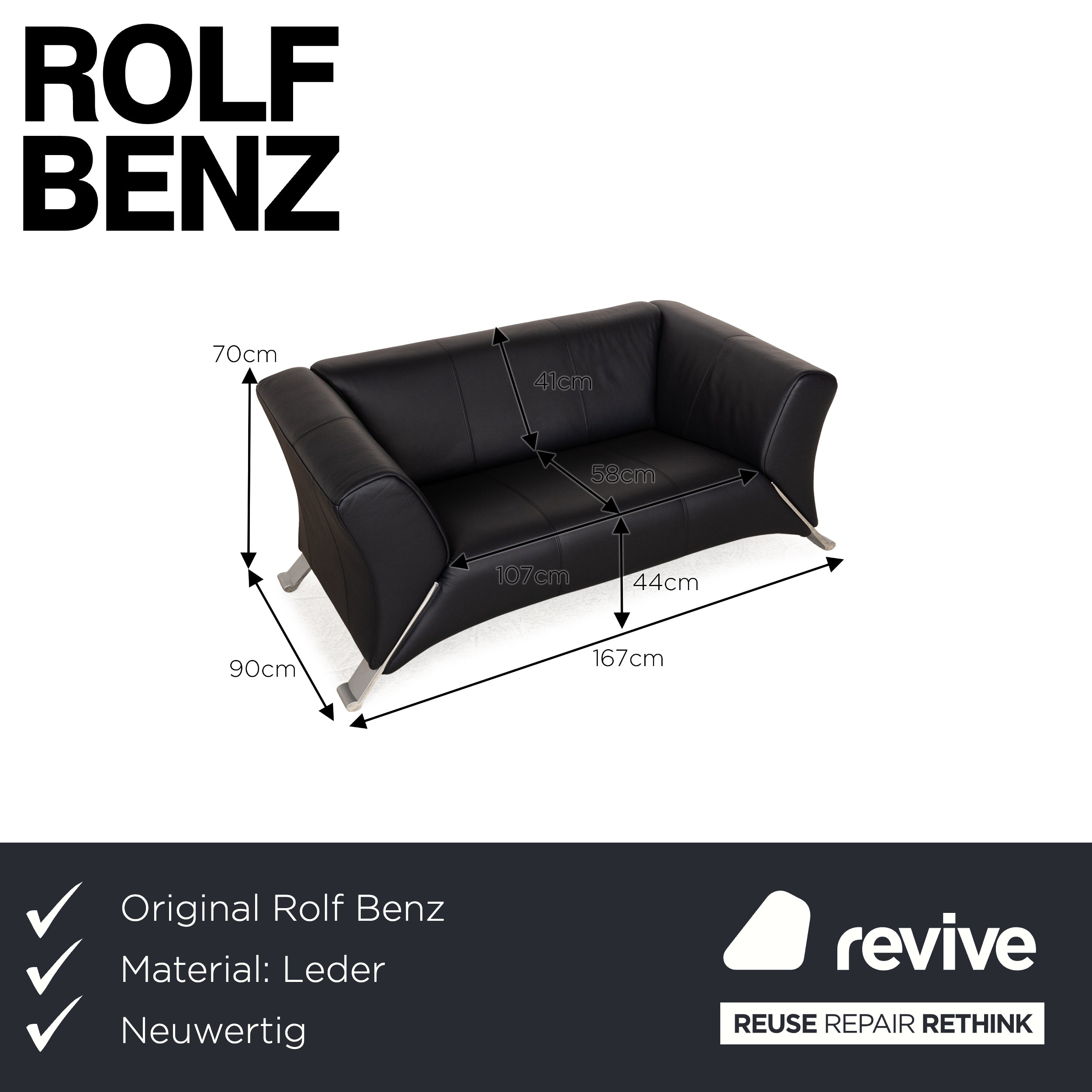 Rolf Benz 322 Leder Zweisitzer Blau Sofa Couch