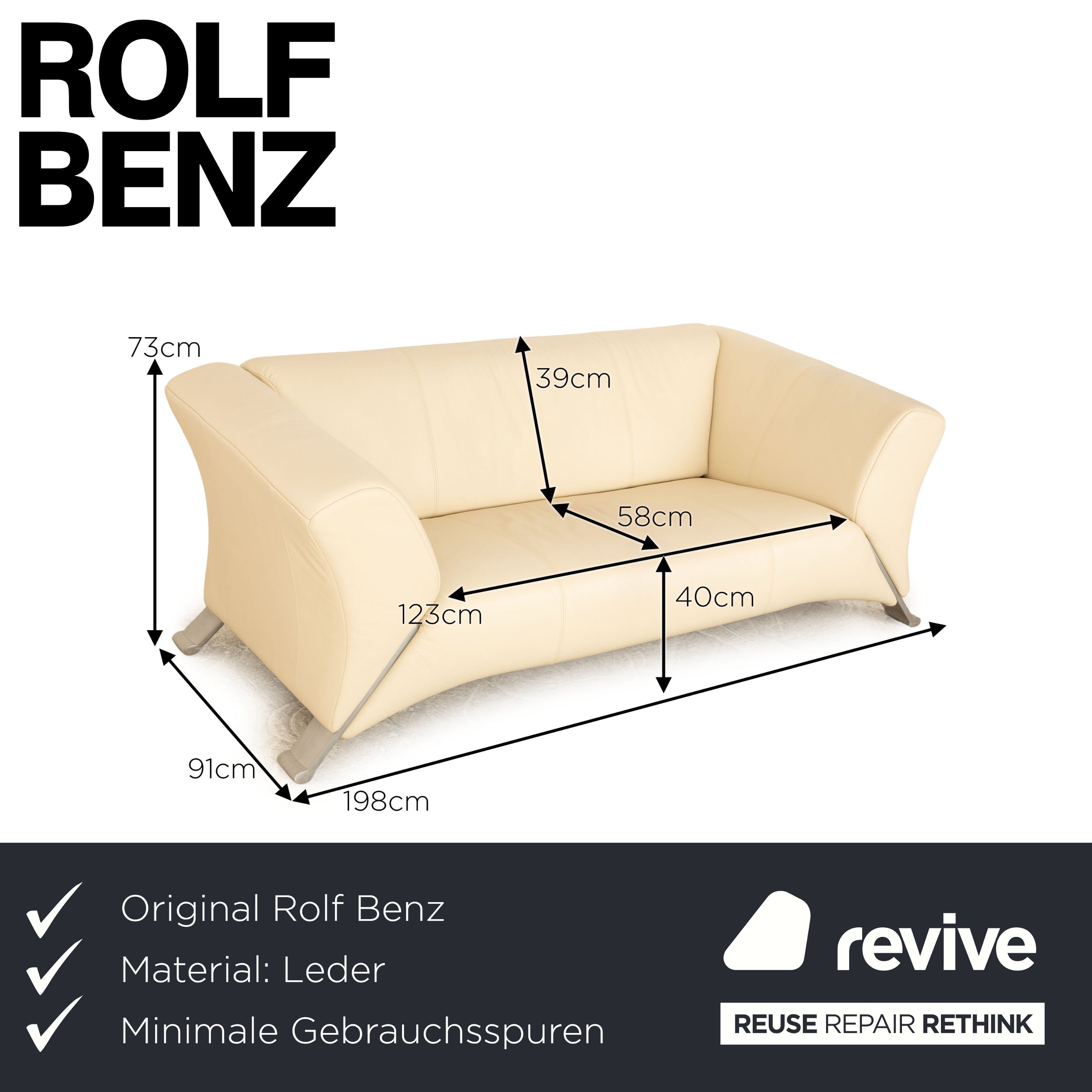 Rolf Benz 322 leather two-seater cream sofa couch
