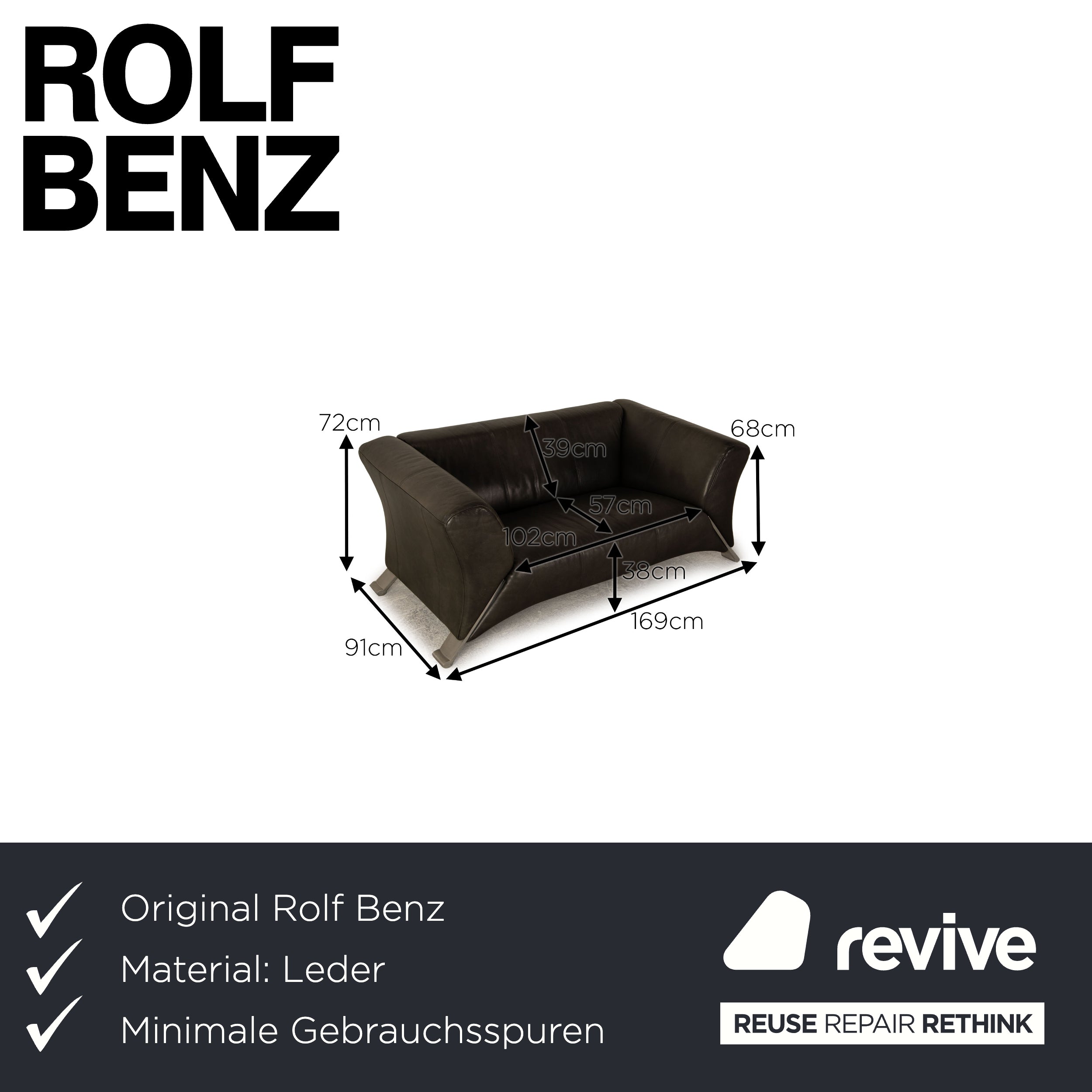 Rolf Benz 322 Leder Zweisitzer Grau Sofa Couch