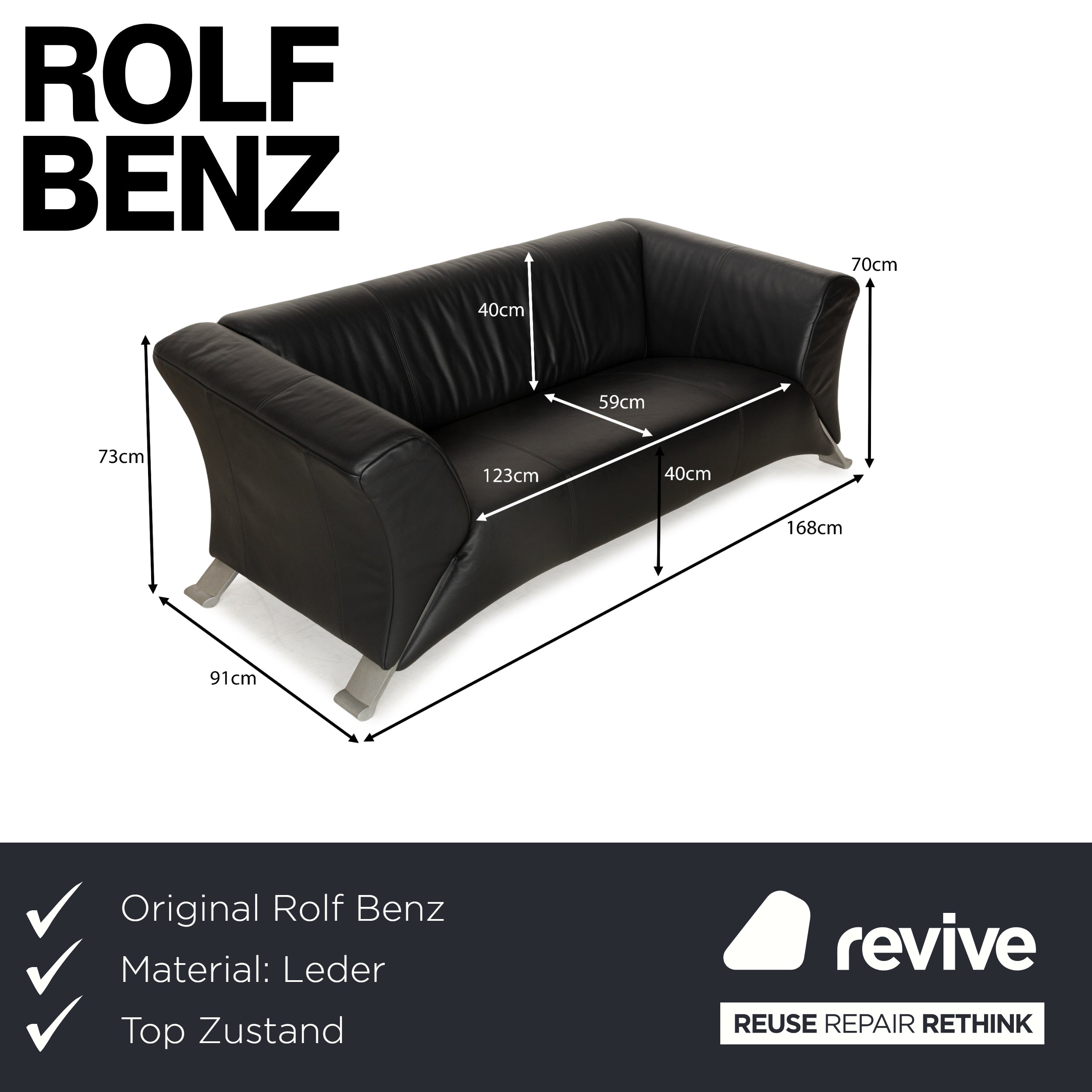 Canapé deux places en cuir noir anthracite Rolf Benz 322