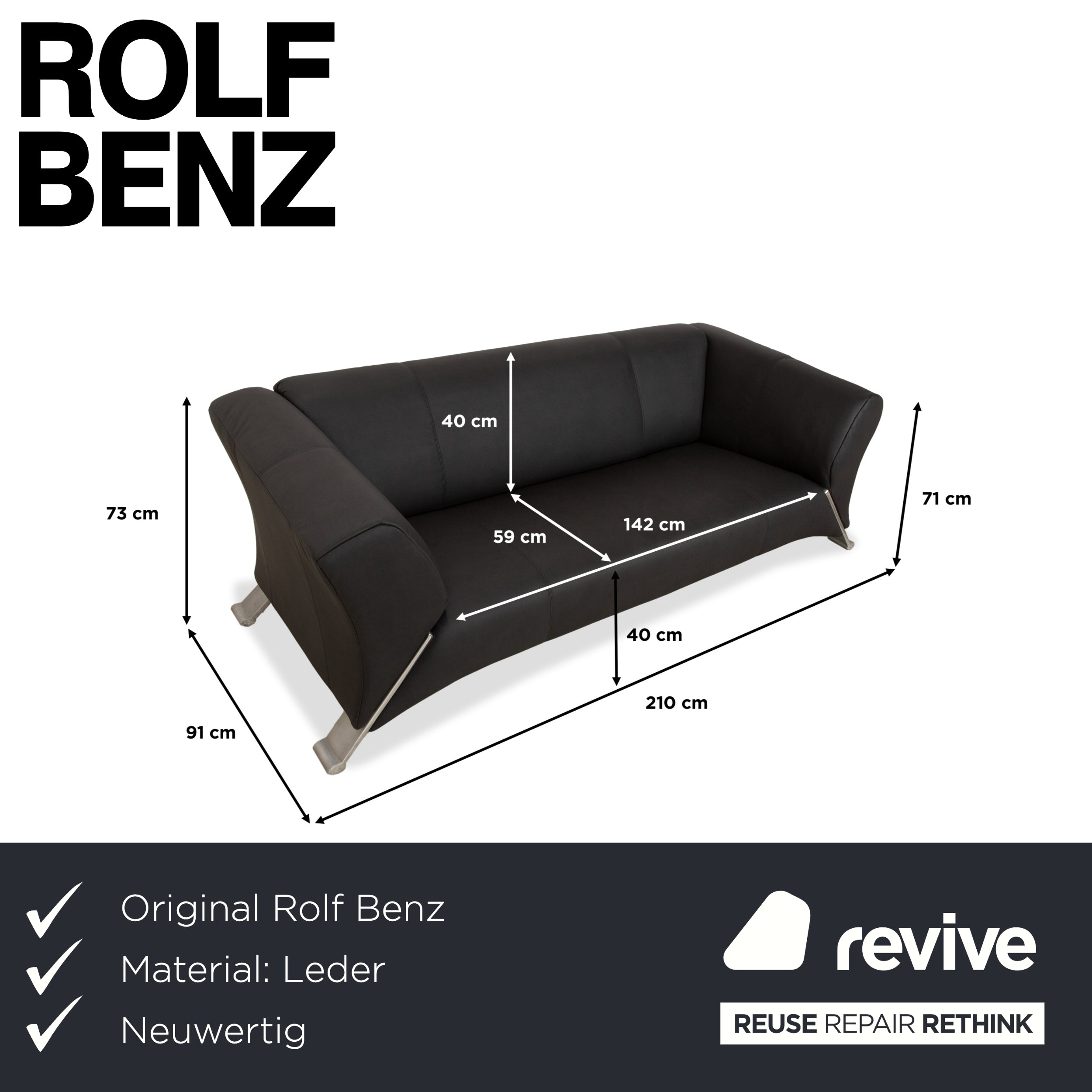 Canapé trois places en cuir vegan Rolf Benz 322 anthracite gris foncé, housse neuve