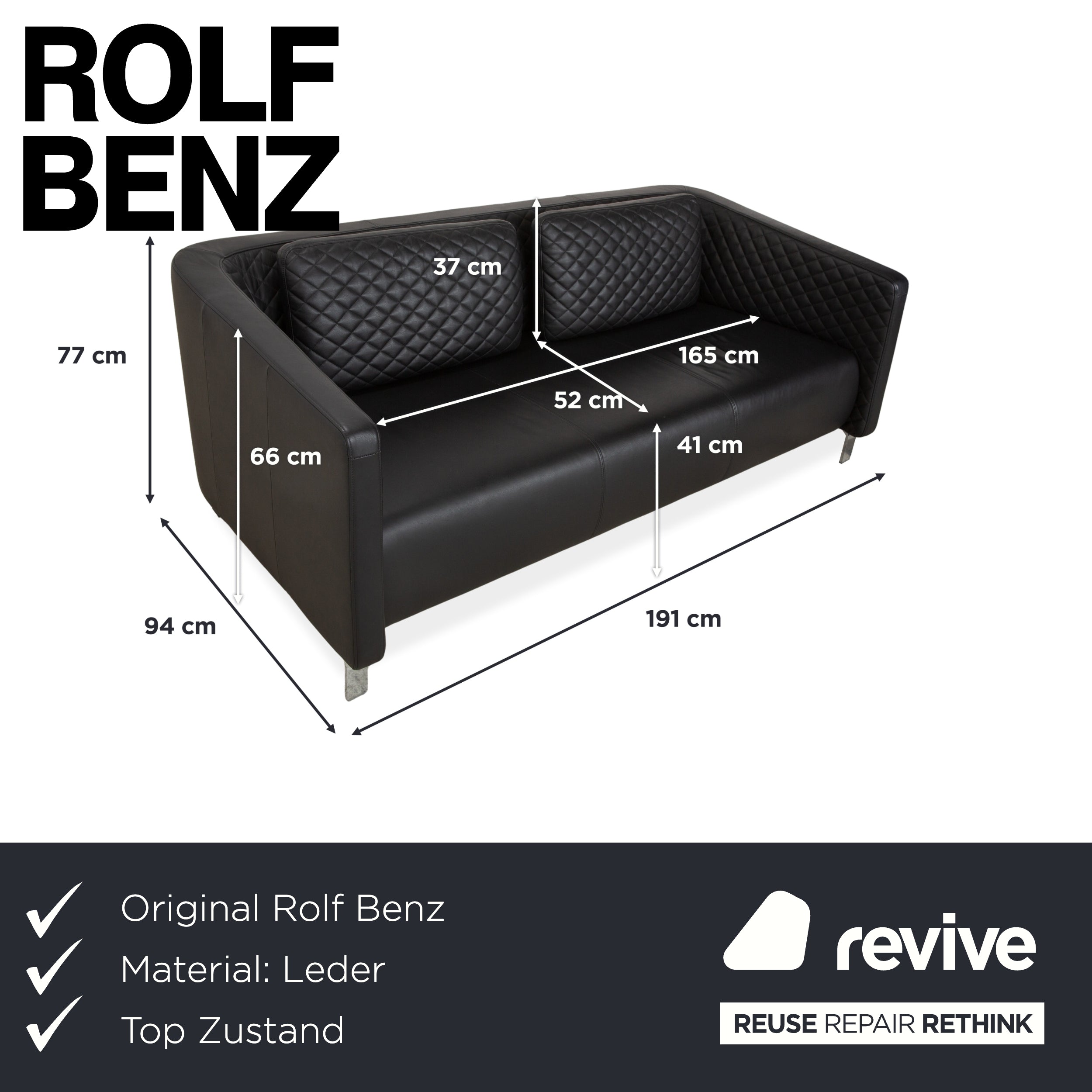 Rolf Benz 325 Leder Dreisitzer Schwarz Sofa Couch