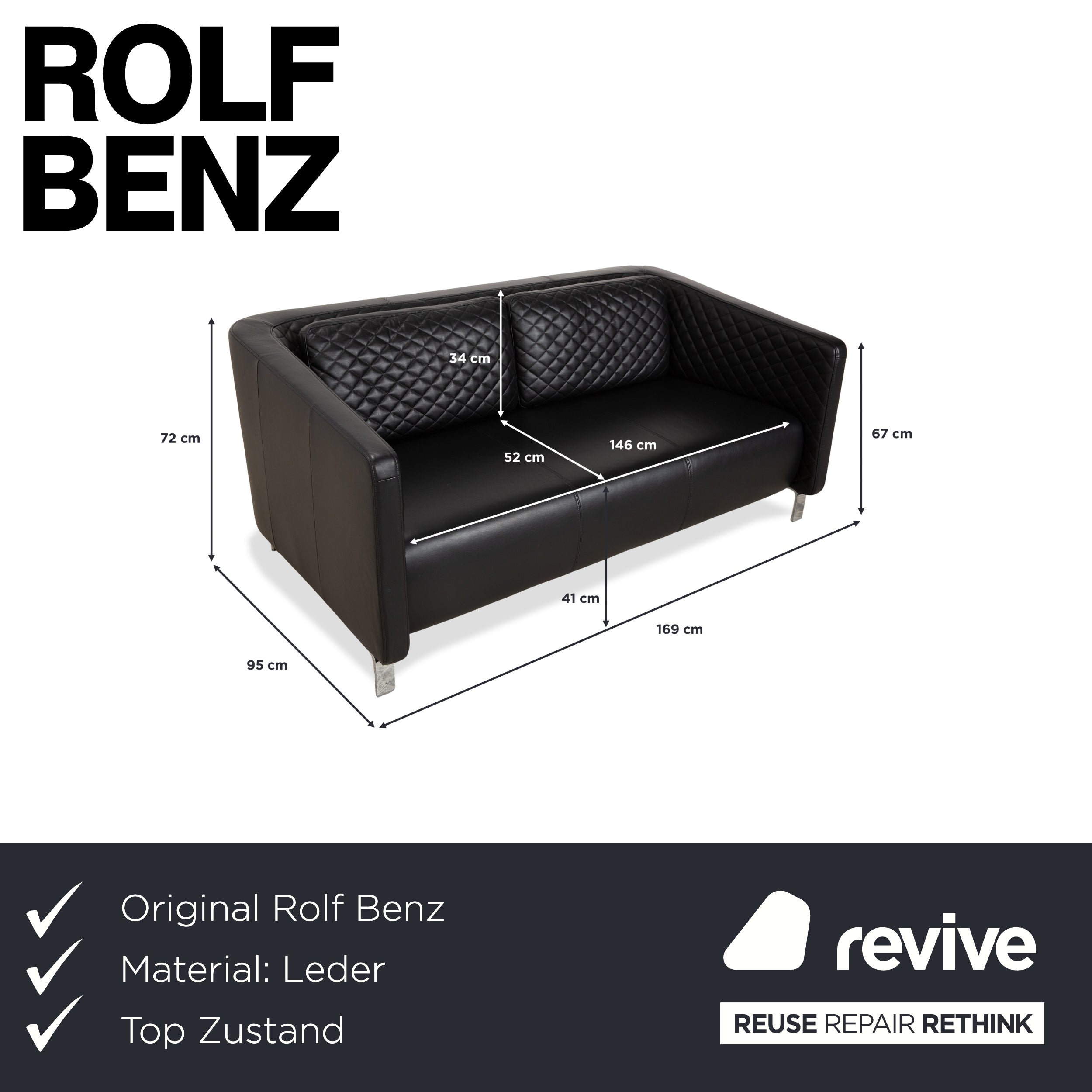 Canapé deux places en cuir noir Rolf Benz 325