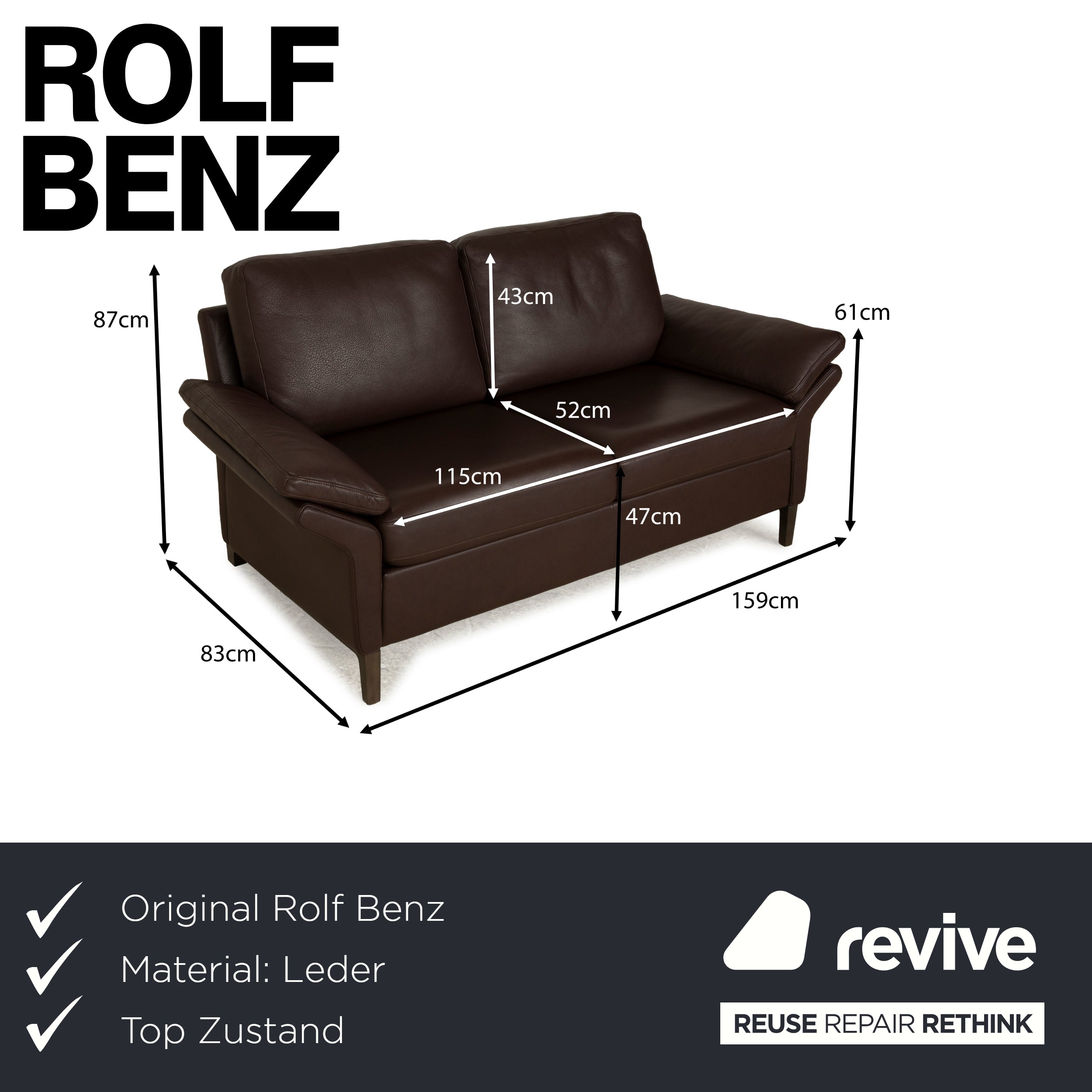 Canapé deux places en cuir marron Rolf Benz 3300