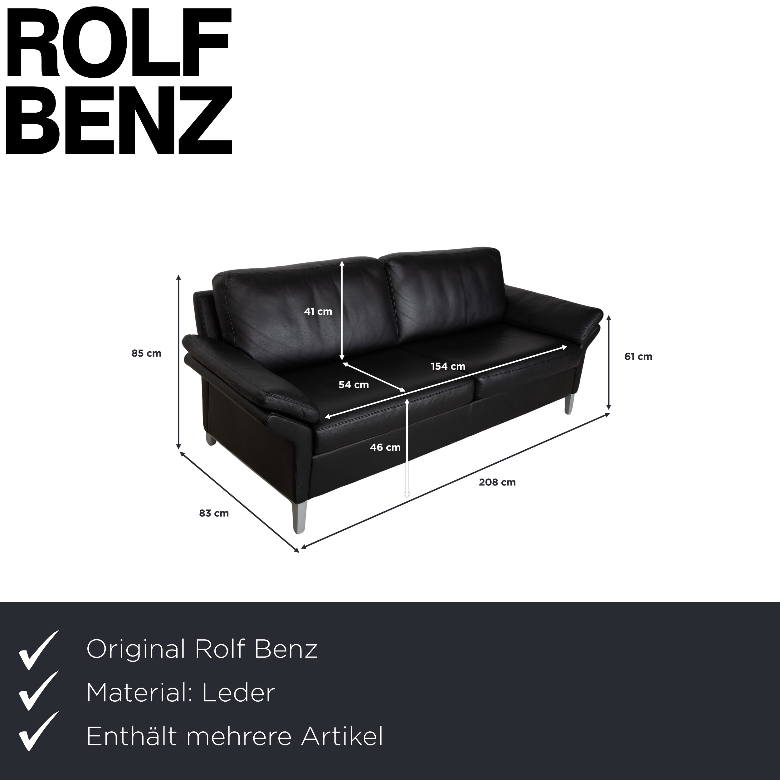 Rolf Benz 3300 Leder Zweisitzer Dreisitzer Schwarz Sofa Couch