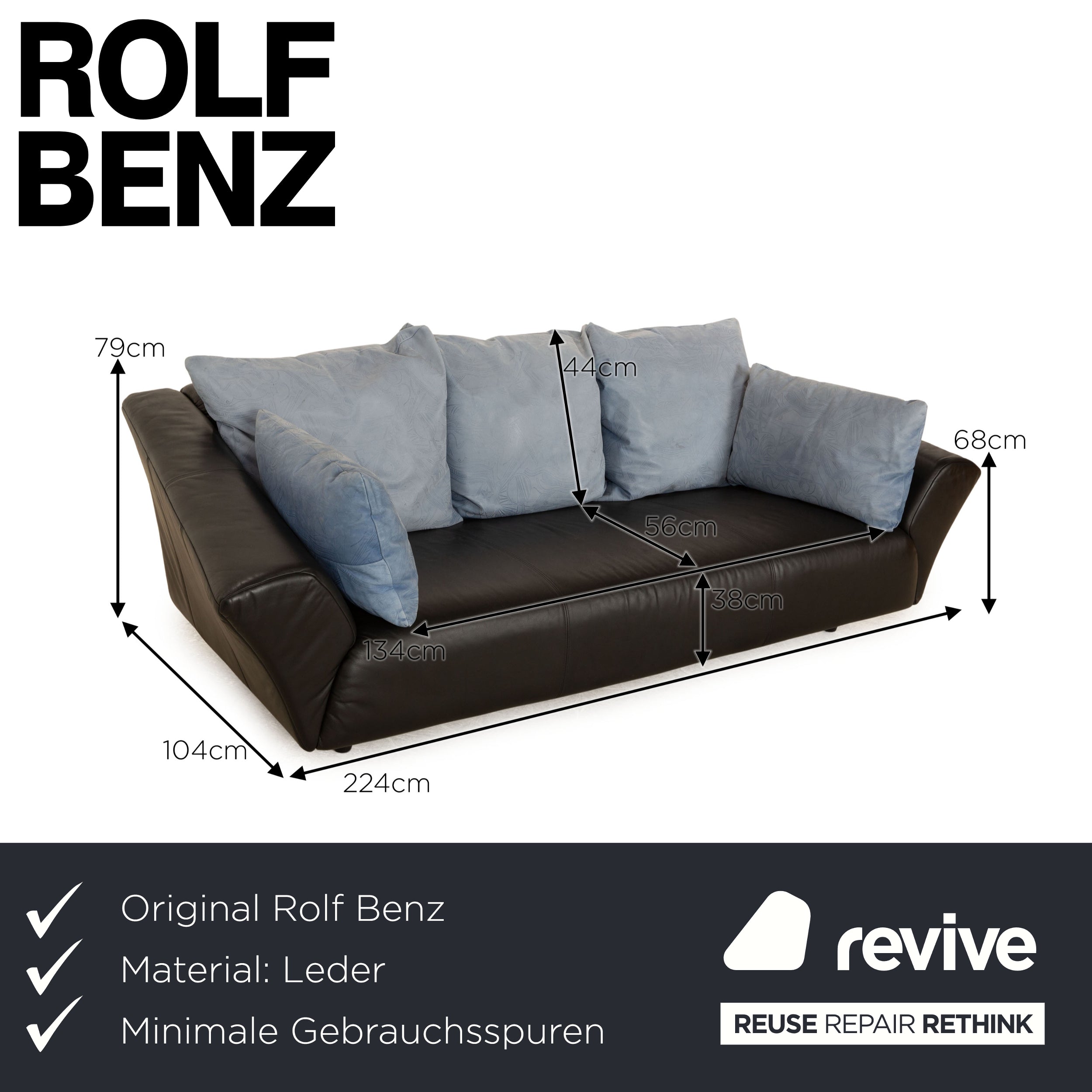 Rolf Benz 333 Leder Dreisitzer Schwarz Sofa Couch