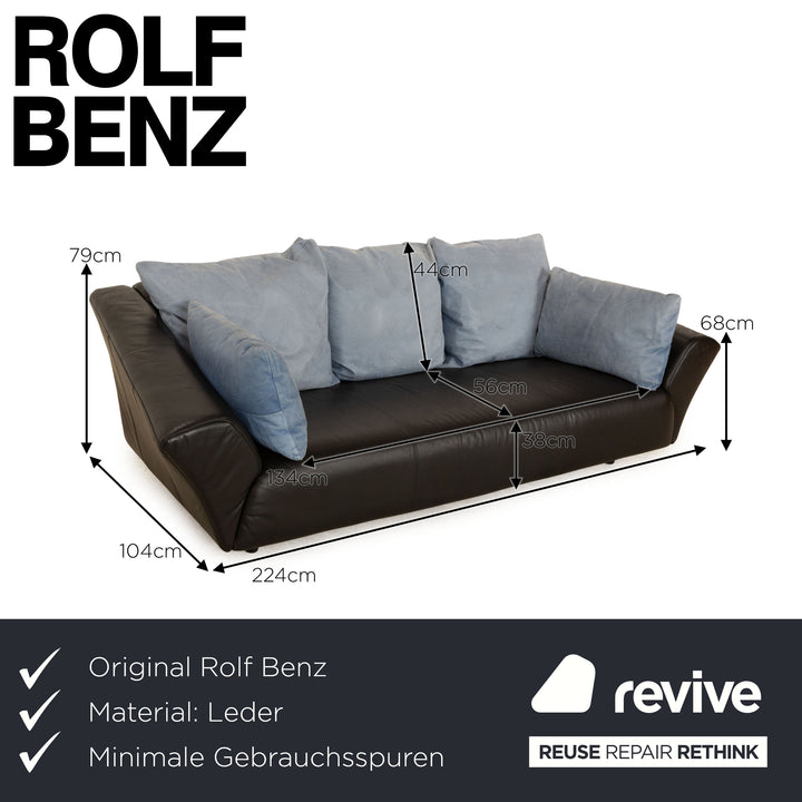 Rolf Benz 333 Leather Three Seater Black Sofa Couch