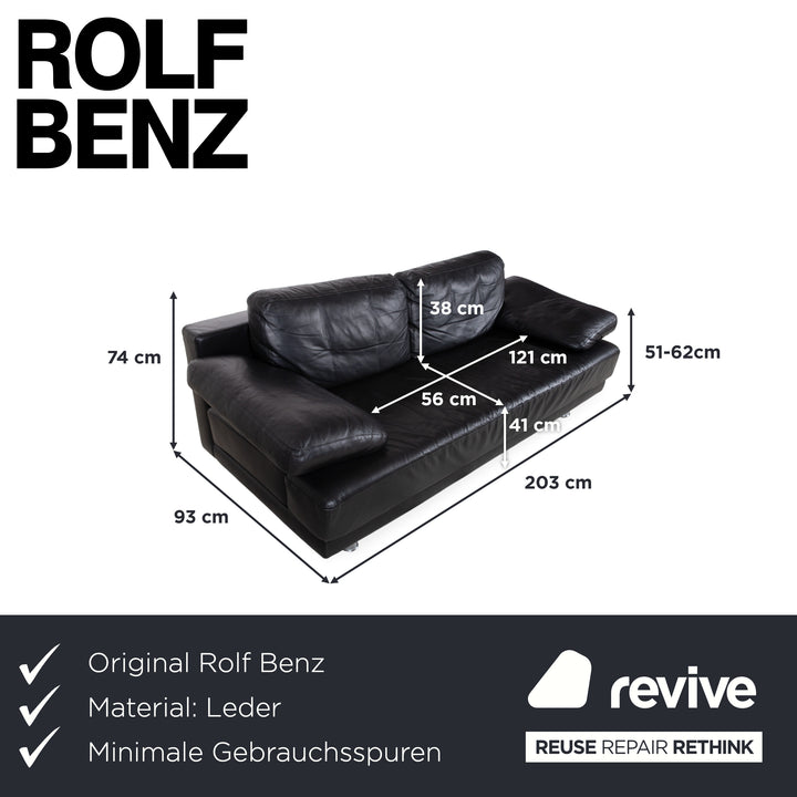 Canapé trois places Rolf Benz 355 en cuir noir, fonction manuelle