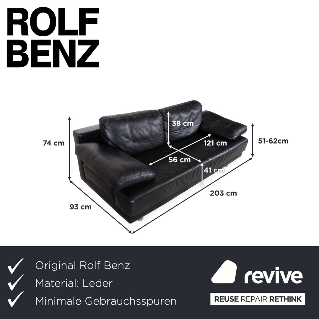 Canapé trois places Rolf Benz 355 en cuir noir, fonction manuelle