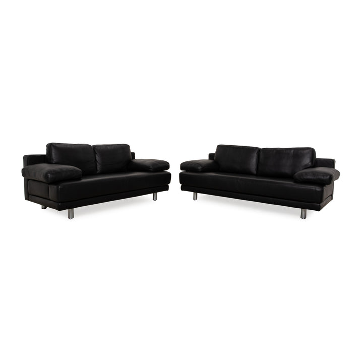 Rolf Benz 355 Leather Sofa Set Black 2x Two-Seater Couch Manual Function