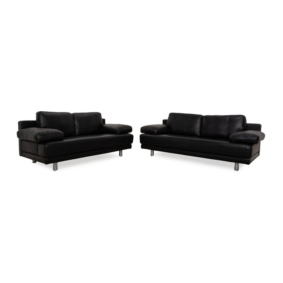 Rolf Benz 355 Leather Sofa Set Black 2x Two-Seater Couch Manual Function