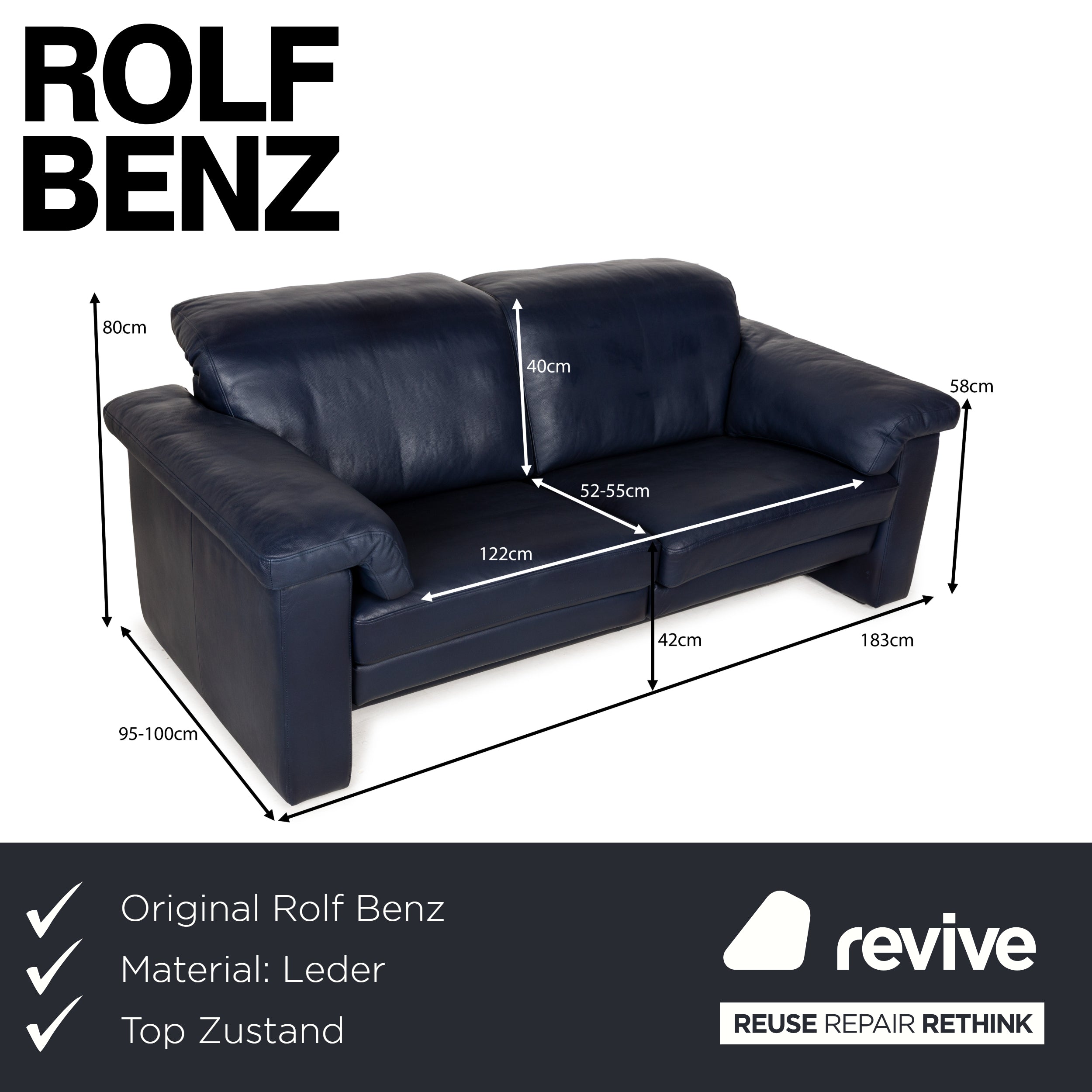 Rolf Benz 4000 Leder Zweisitzer Blau Dunkelblau Sofa Couch manuelle Funktion
