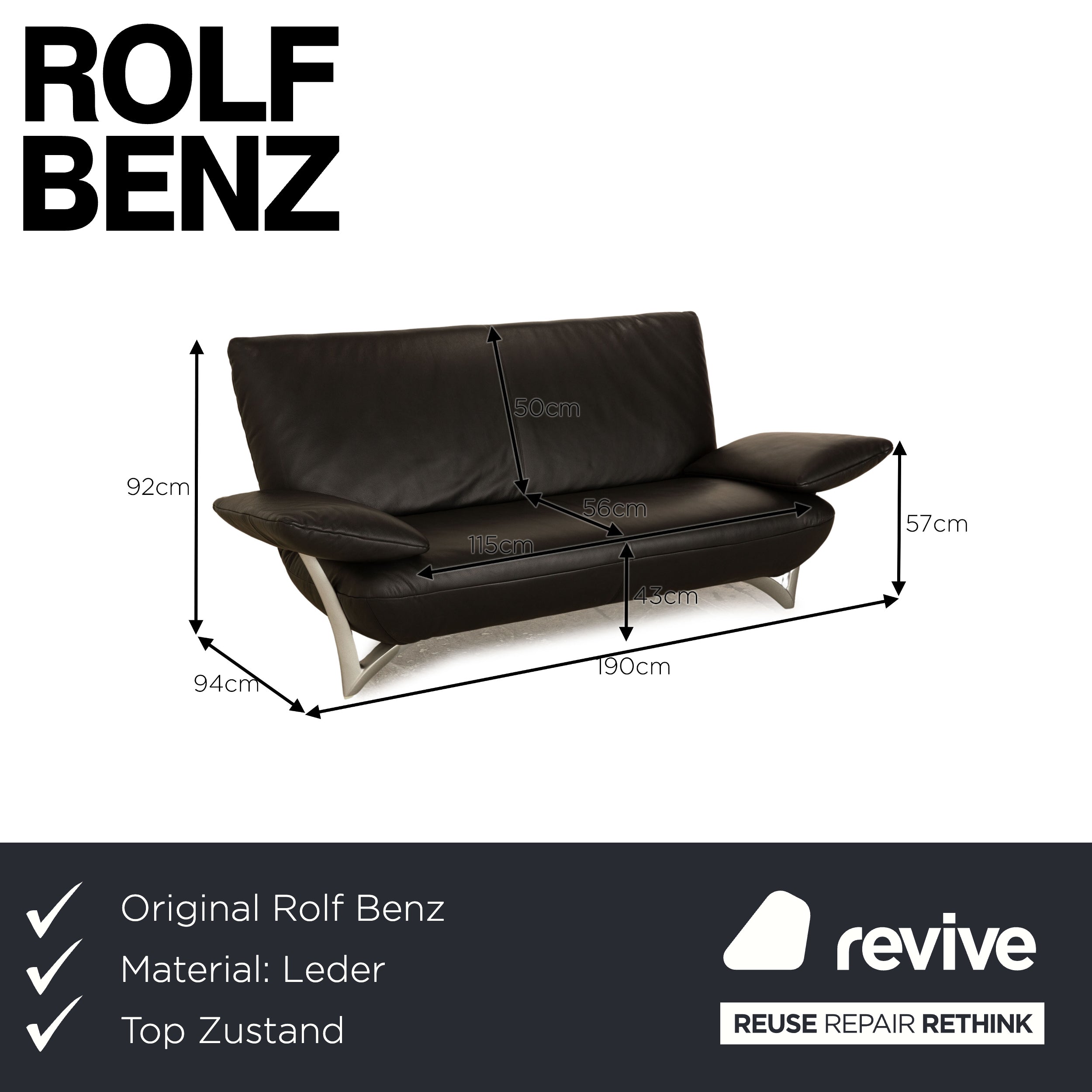 Rolf Benz 4100 Leder Zweisitzer Dunkelgrau Sofa Couch