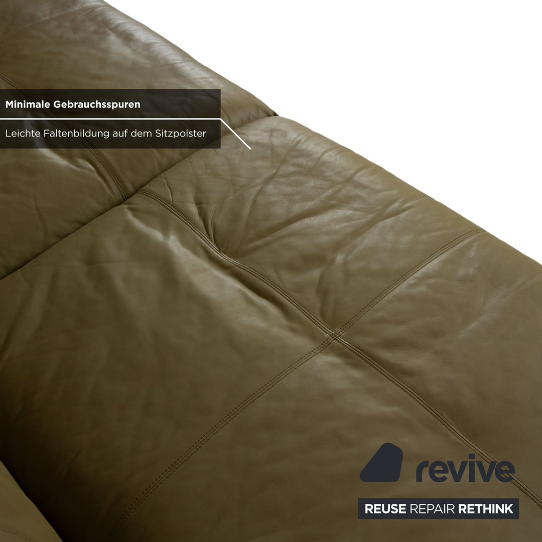 Rolf Benz 50 2x Three-Seater Leather Sofa Suite Khaki Green Brown with Manual Back Adjustment Couch